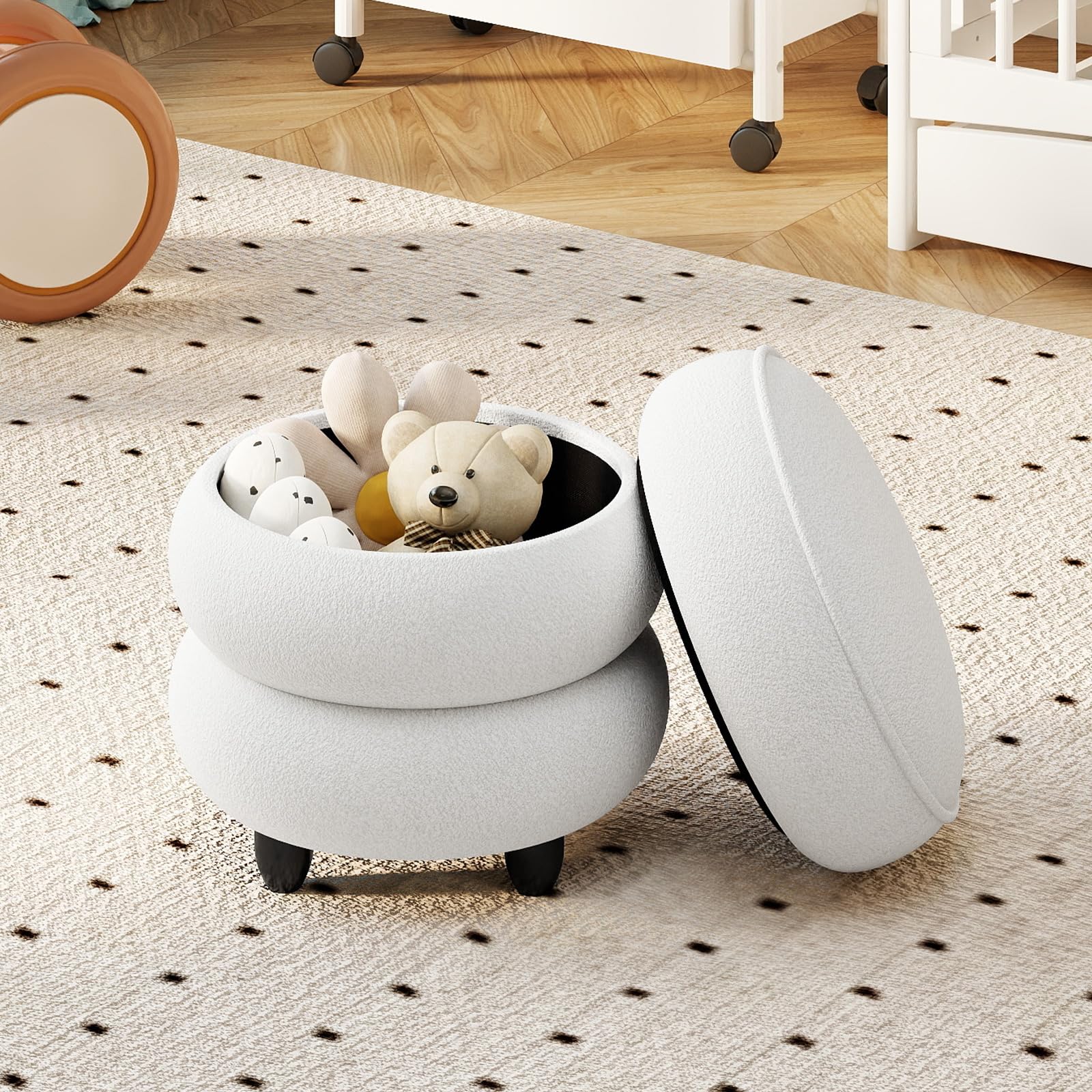 COSTWAY Pouf Contenitore Rotondo 20 L, Ottomano con Coperchio Rimovibile, Sgabello da Trucco con Gambe in Legno di Gomma, Portata 150 kg, per Camera da Letto e Salotto