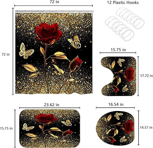 Miniatura 6 de Juego de 4 piezas de cortina de ducha con rosa dorada, cortina de mariposa con destellos de estrella dorada con alfombra antideslizante, cubierta