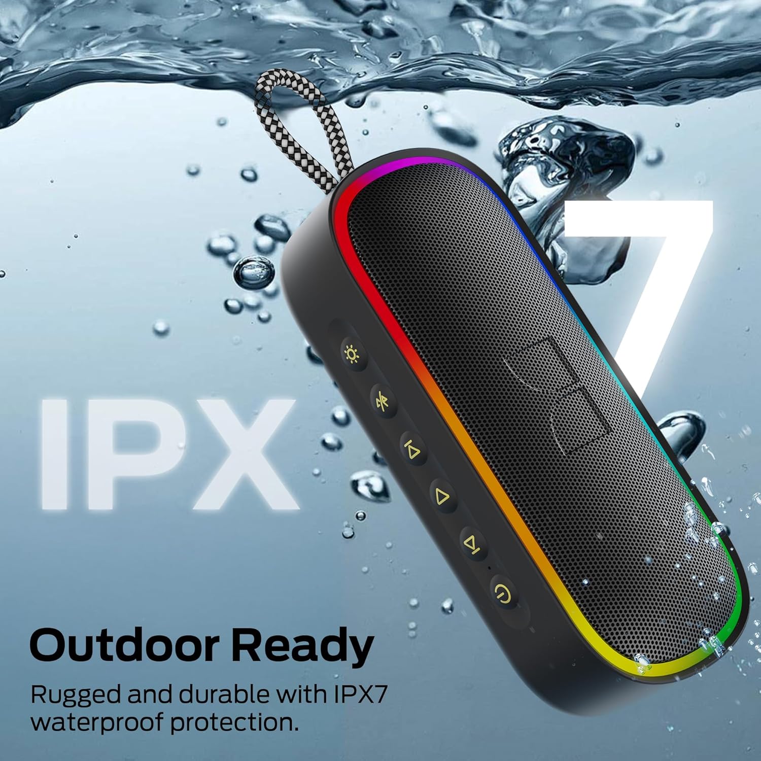 Monster S150 Plus speaker partially submerged in water, demonstrating its IPX7 waterproof rating.