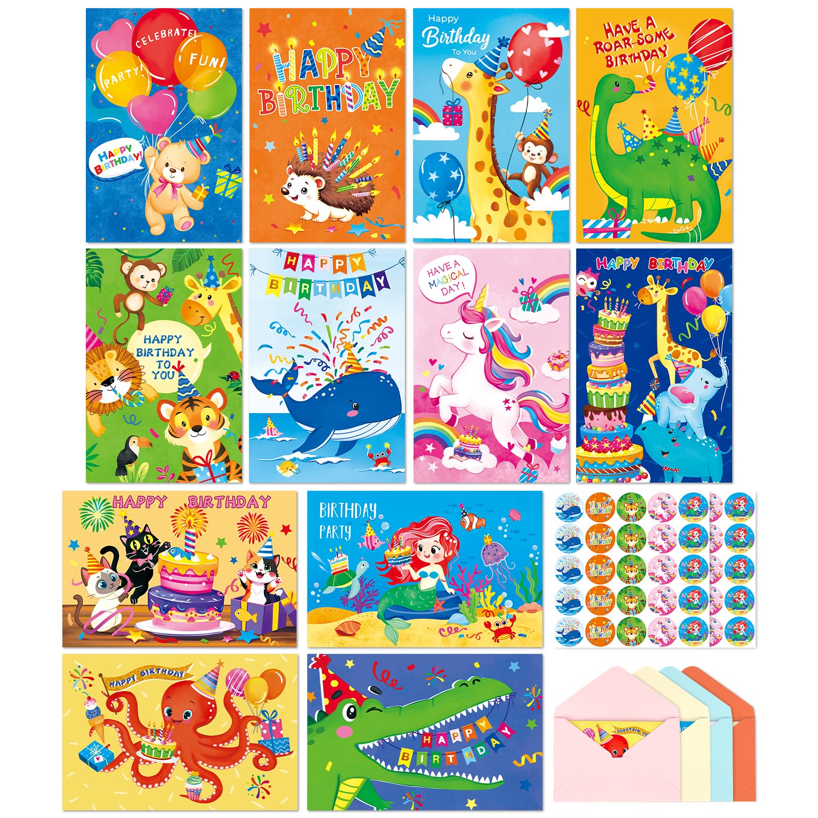 Happy Birthday Cards Bulk Of 48 With Envelopes & Stickers-12 Different Design Blank Inside-10 * 15Cm Premium Greeting Card With Package Box For Kids Friend — image 1