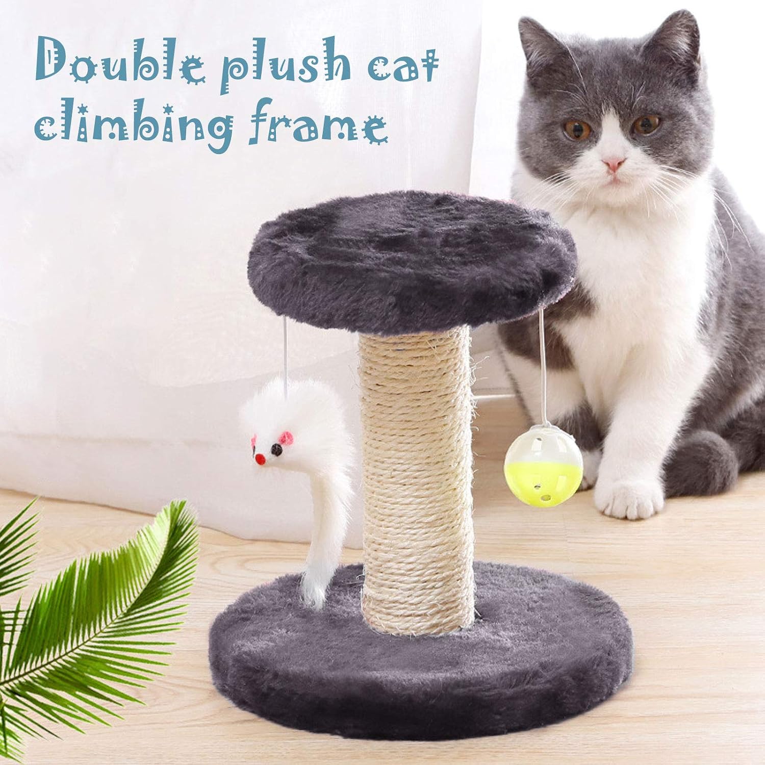 LUOWAN Cat Scratching Post and Activity Tree Natural Sisal Tower with Round Perch and Plush Ball Furniture Made for Small Cat (A)