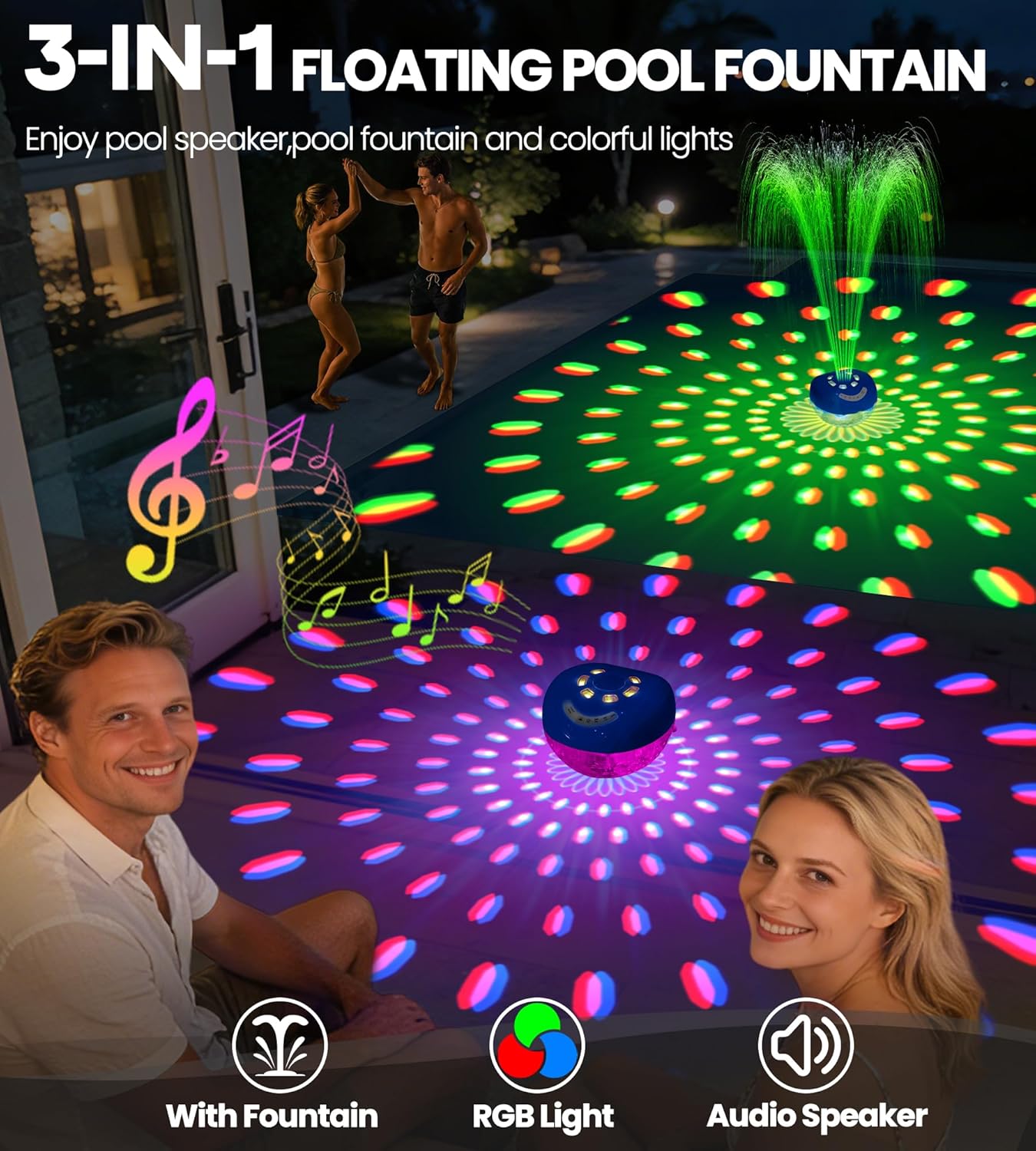 Luxfero 3 in 1 Floating Pool Fountain with Lights&Speaker, Pool Fountains for Inground Pools, Floating Bluetooth Speaker, Pool Speakers Bluetooth Waterproof IP68,Above Ground Pool Water Fountain-Blue