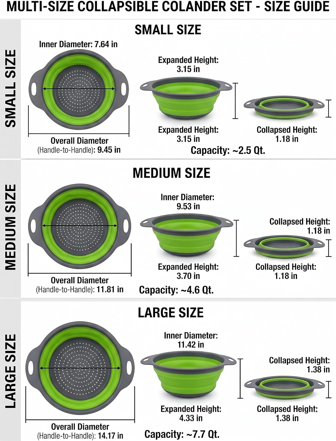 3-Piece Collapsible Kitchen Colander Set - Space-Saving Foldable Food Strainer with Sturdy Handles & Anti-Slip Base for Draining Pasta, Berry, Vegetable, Fruits - Perfect for RV, Camping (Green)