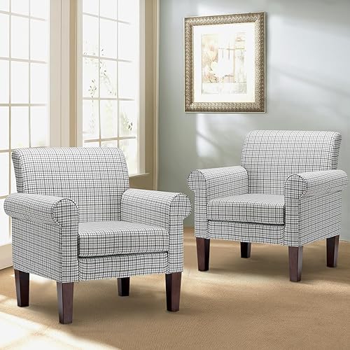 Miniatura 9 de Funkeen - Silla decorativa moderna de mediados de siglo, acogedor sillón tapizado con respaldo copetudo, silla de sofá de tela a cuadros para sala