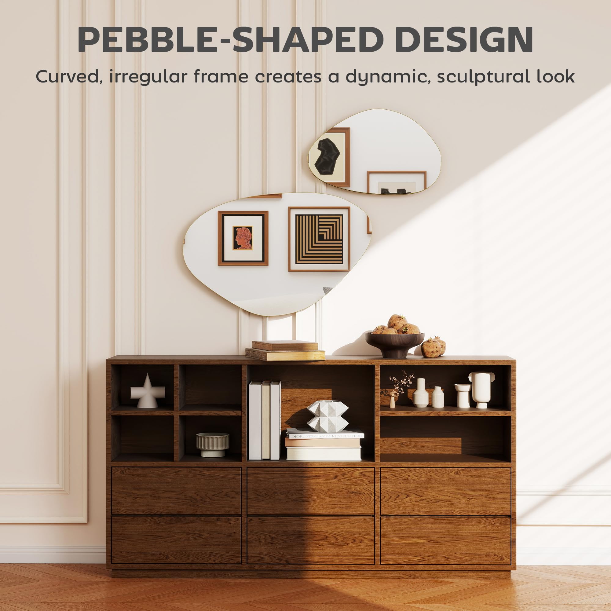 HOMCOM Espejo de pared irregular 2 guijarro marco metálico oro | 70 x 46 cm, 49,5 x 31 cm, espejo colgante asimétrico, sala de estar, entrada, dormitorio, pasillo