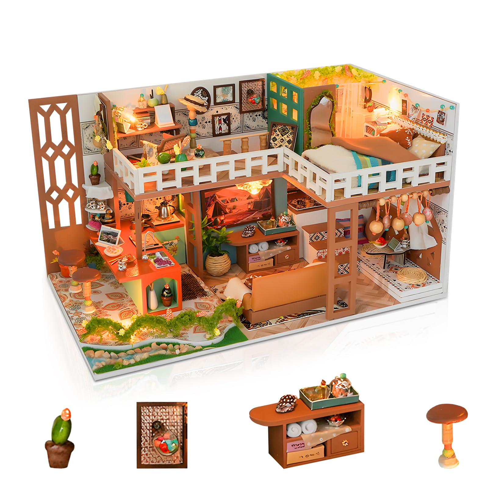 Foyucool DIY Miniature House Kit for Adults, Tiny House with LED Lights