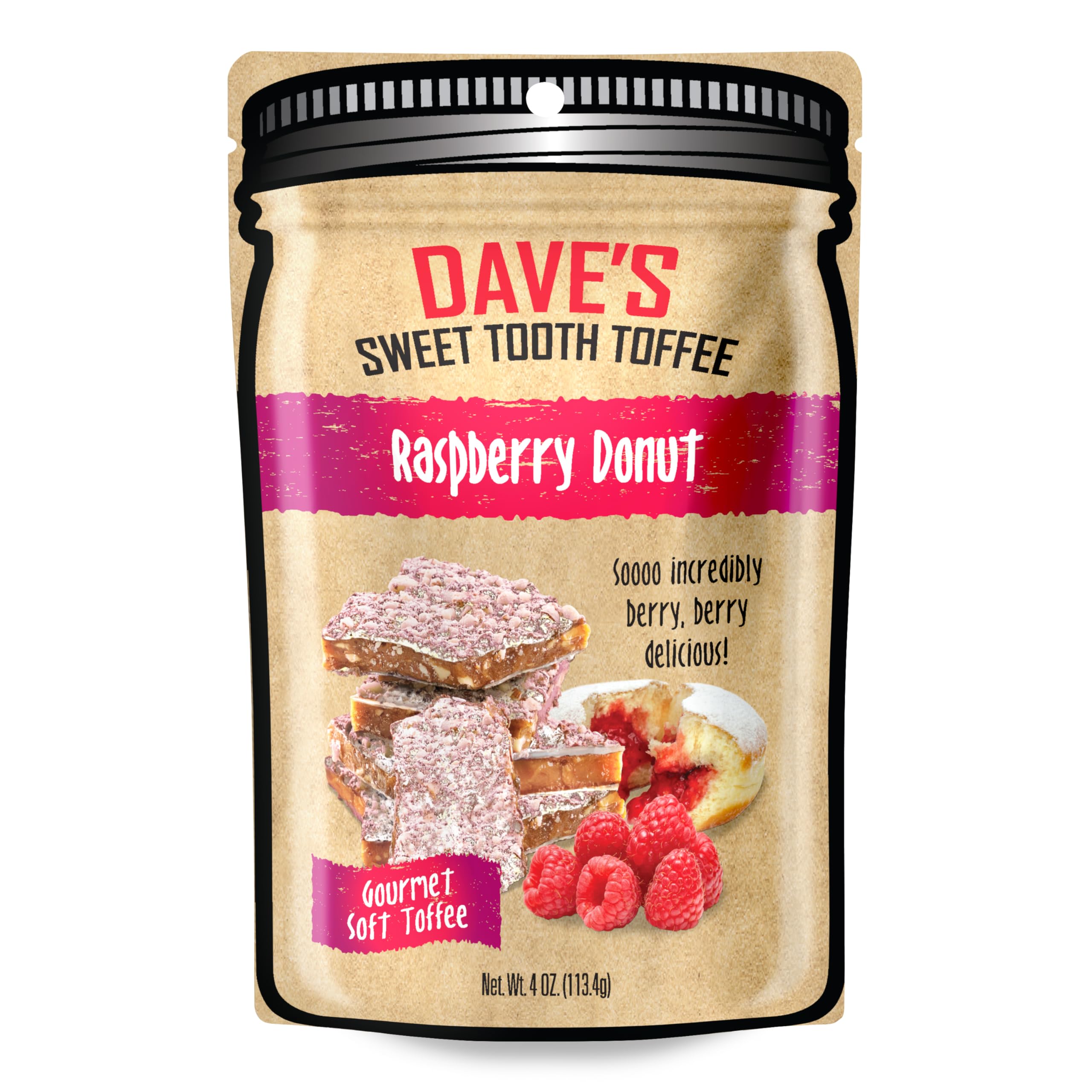 Dave's Sweet Tooth Raspberry Donut Toffee – Holiday Flavors – Single Handmade & Homemade Gourmet Soft Toffee with Real Butter, Real Sugar, and Hand-Sliced Almonds, Naturally Gluten-Free