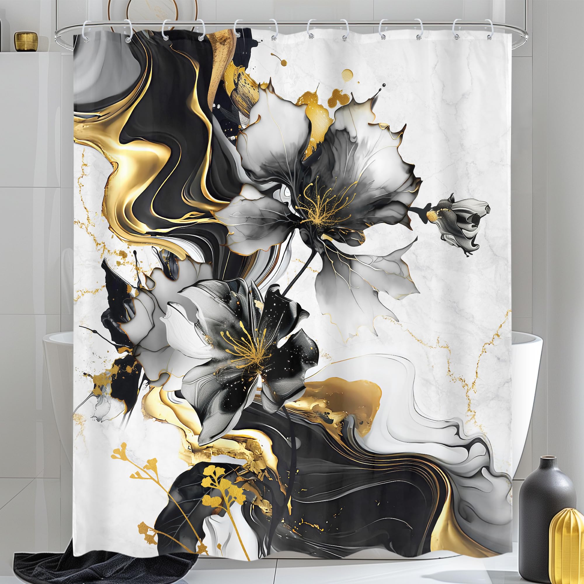 Omifly Black White Gold Marble Shower Curtain 60Wx72L Inch Abstract Flower Modern Floral Luxury Ink Texture Plant Minimalist Men with 12 Plastic Hooks
