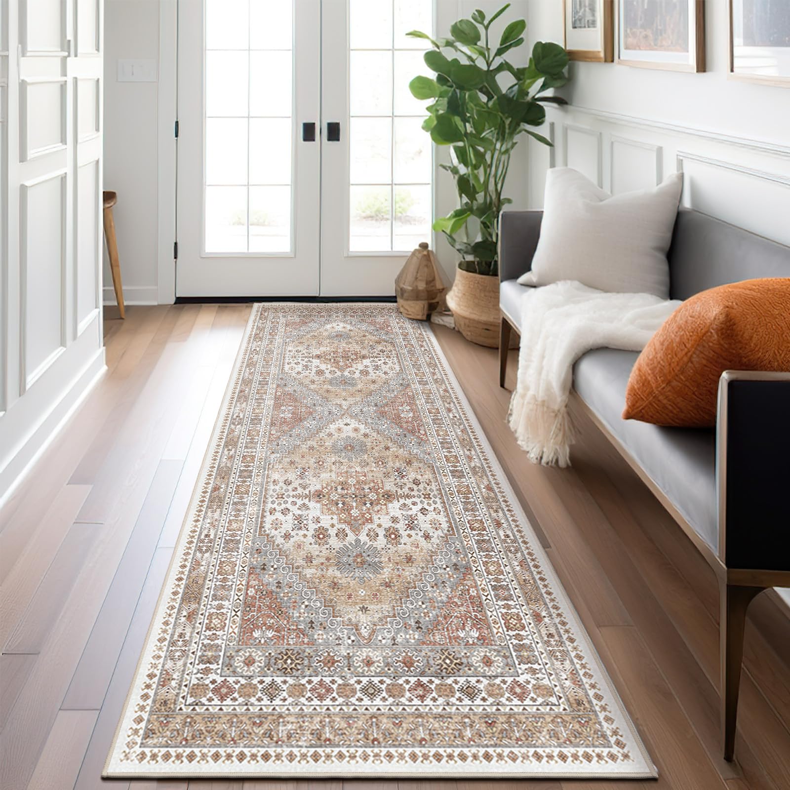 Runner Rug 2x6, Ultra-Thin Kitchen Rugs Non Slip Washable Rugs for Entryway Rug, Runners for Hallways, Runner Low Pile Vintage Soft Rugs for Entryway, Kitchen Bathroom Bedroom(Orange,2'x6')