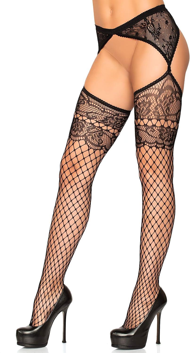 Leg Avenue Women's Lace Top Fishnet Stockings with Attached Garter Belt