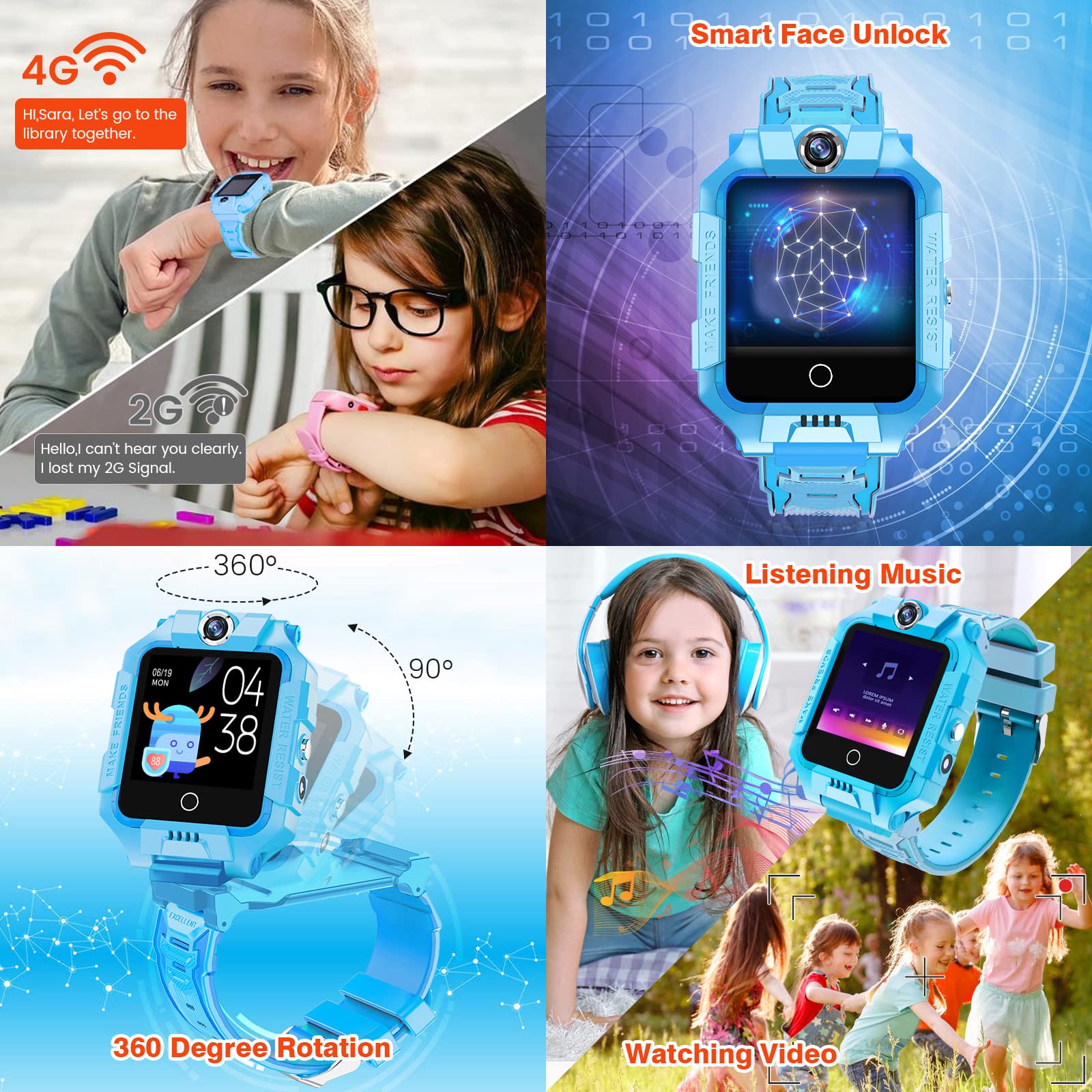 Ele ELEOPTION 4G smartwatch GPS per bambini Contapassi IP67 WiFi videochiamata SOS azioni 360° doppia fotocamera Smart Watch per ragazze e ragazzi (azzurro)