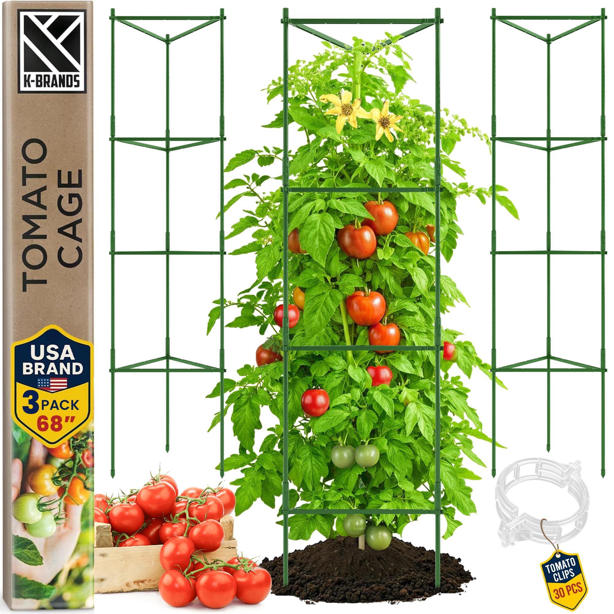 K-Brands Tomato Cage - Tomatoes Plant Stakes Support Cages Trellis for Garden and Pots (3 Pack - Extra Tall Upto 68 inches)