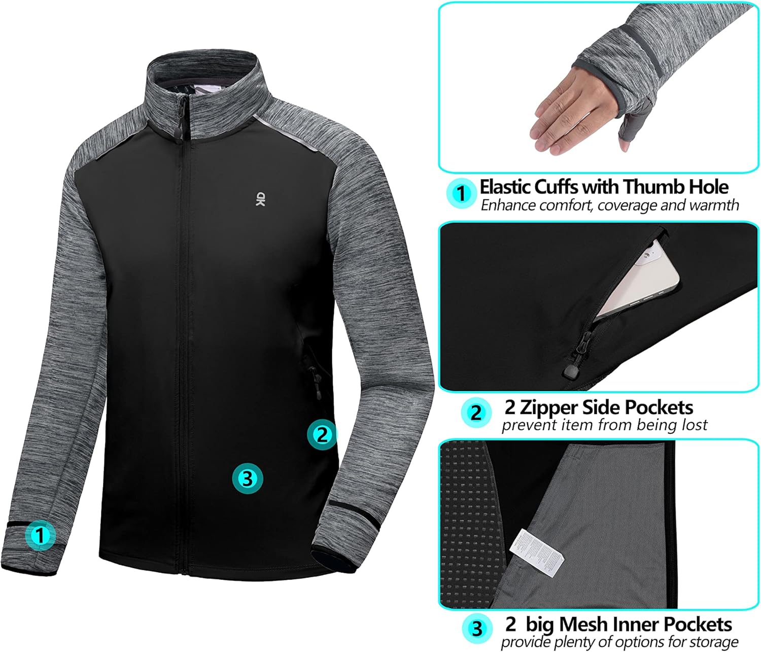 Little Donkey Andy Men's Quick Dry Warm Lightweight Running Jacket Full Zip Thermal Hybrid Thumbholes Golf Track Jacket - Image 3