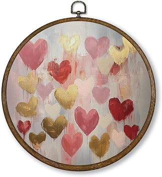 Qskjre Vintage Gold Red Heart Valentines Day Wall Art Decor, Anniversary Wedding Gift Round Wood Framed Canvas Wall Artwork, Romantic Love Hanging Prints for Living Room Bedroom Decorations 10x10inch
