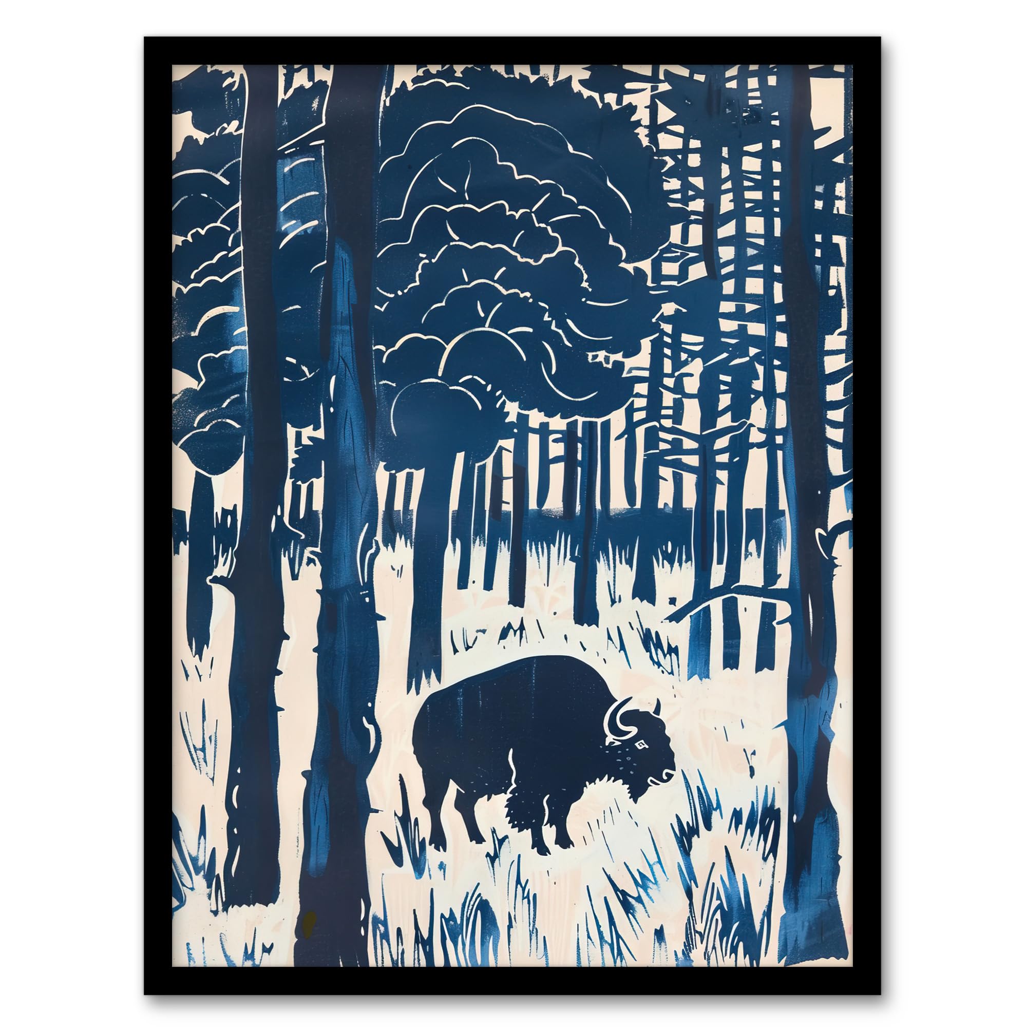B&Q -  Bison Grazing In Forest Blue Landscape Painting Wall Art PrintA4 Size