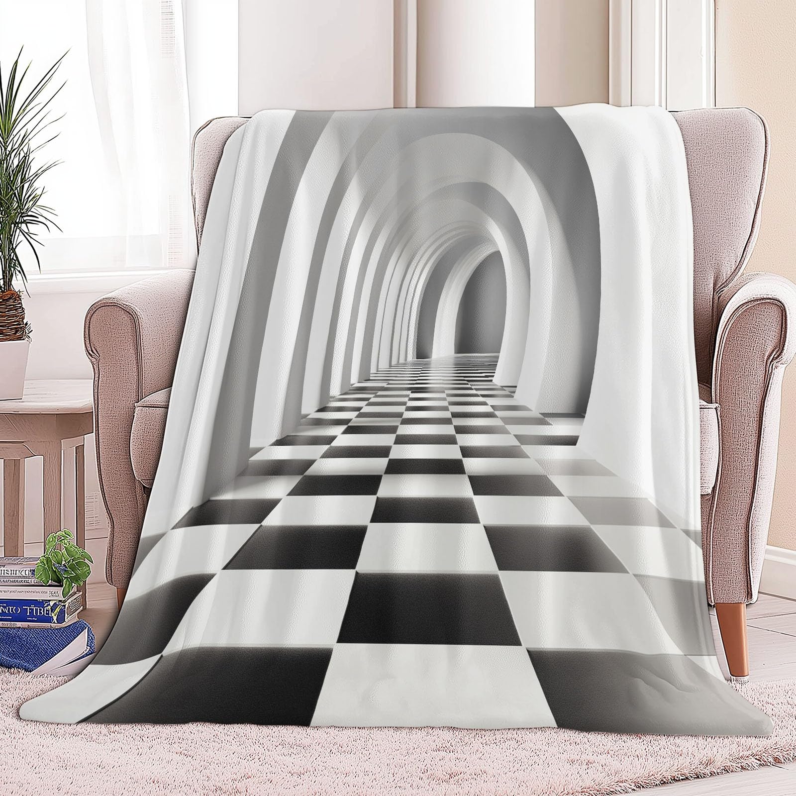 Griglia In Bianco E Nero Tunnel Spaziale Coperta Plaid Pile Flanella con Stampa, 220 x 240 cm Singolo Matrimoniale 3D Calda Coperta Fluffy Copridivano Morbida Invernale Coperte Trapunta Divano, Grigio