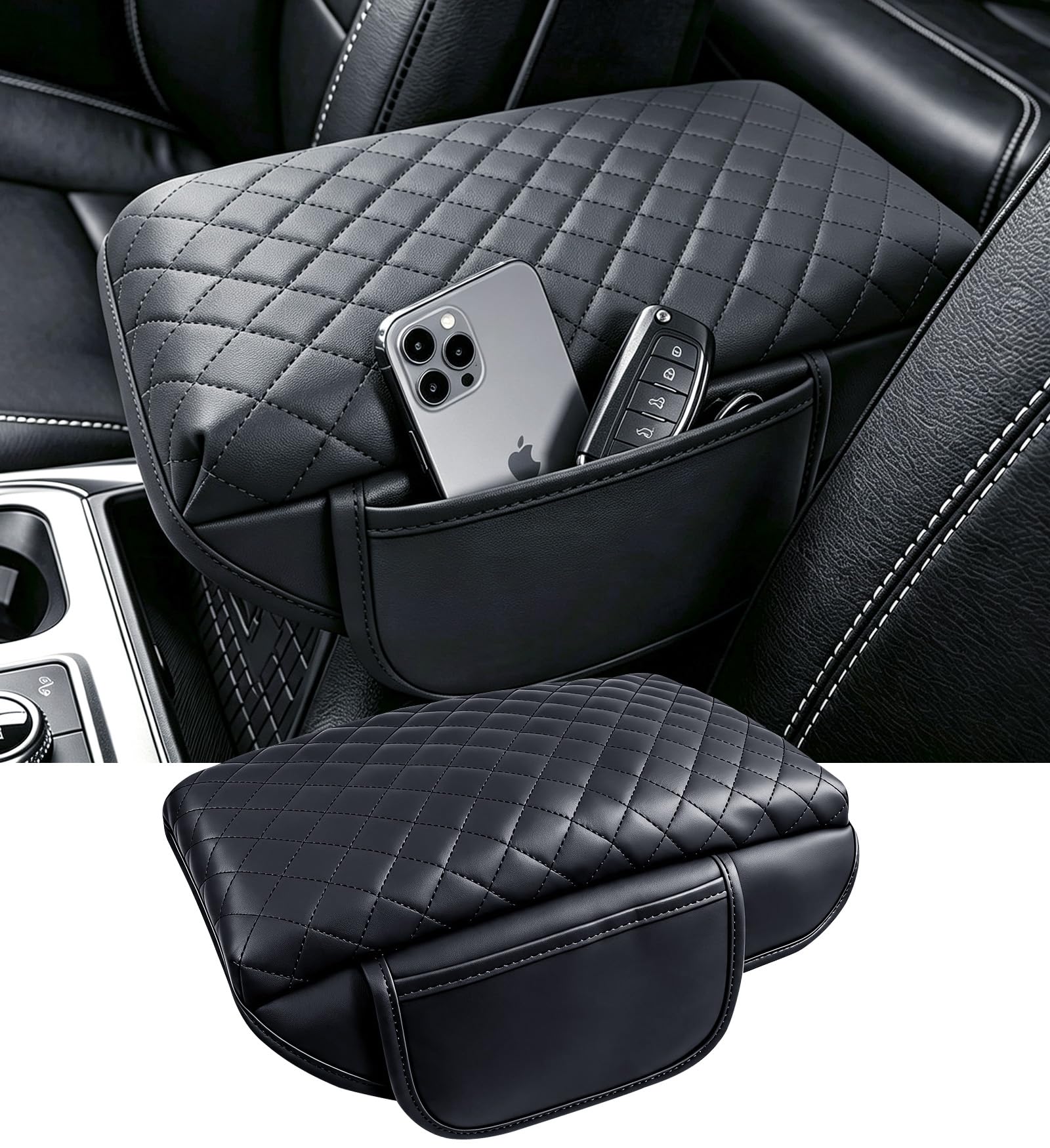 Center Console Cover for Ford Explorer 2026 2025 2024 2023 2022 2021 2020, 1.2-Inch Thick PU Leather Middle Armrest Cushion Protector Pad with 2 Side Pockets for 2020-2026 Explorer, Black