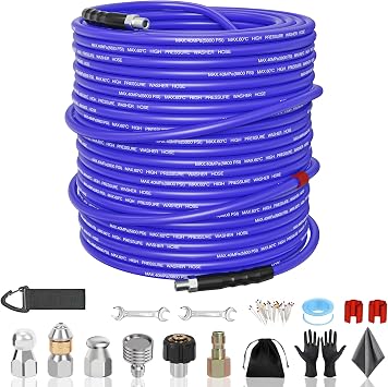 SITIMIMIL Sewer Jetter Kit for Pressure Washer 200FT, 5800PSI Sewer Jetter Hose Kink-Free with 4 Nozzles, 1/4 Inch NPT Hose for Plumbers/Contractors/DIYers Drain Cleaning