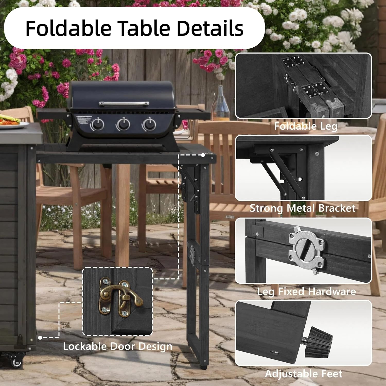 78.2" Outdoor Kitchen Island with Foldable Grill Table & Stainless Steel Top, Rolling Kitchen Cart with Trash Can Storage, Multifunctional Outdoor Grill Table for Lawn & Garden, Black