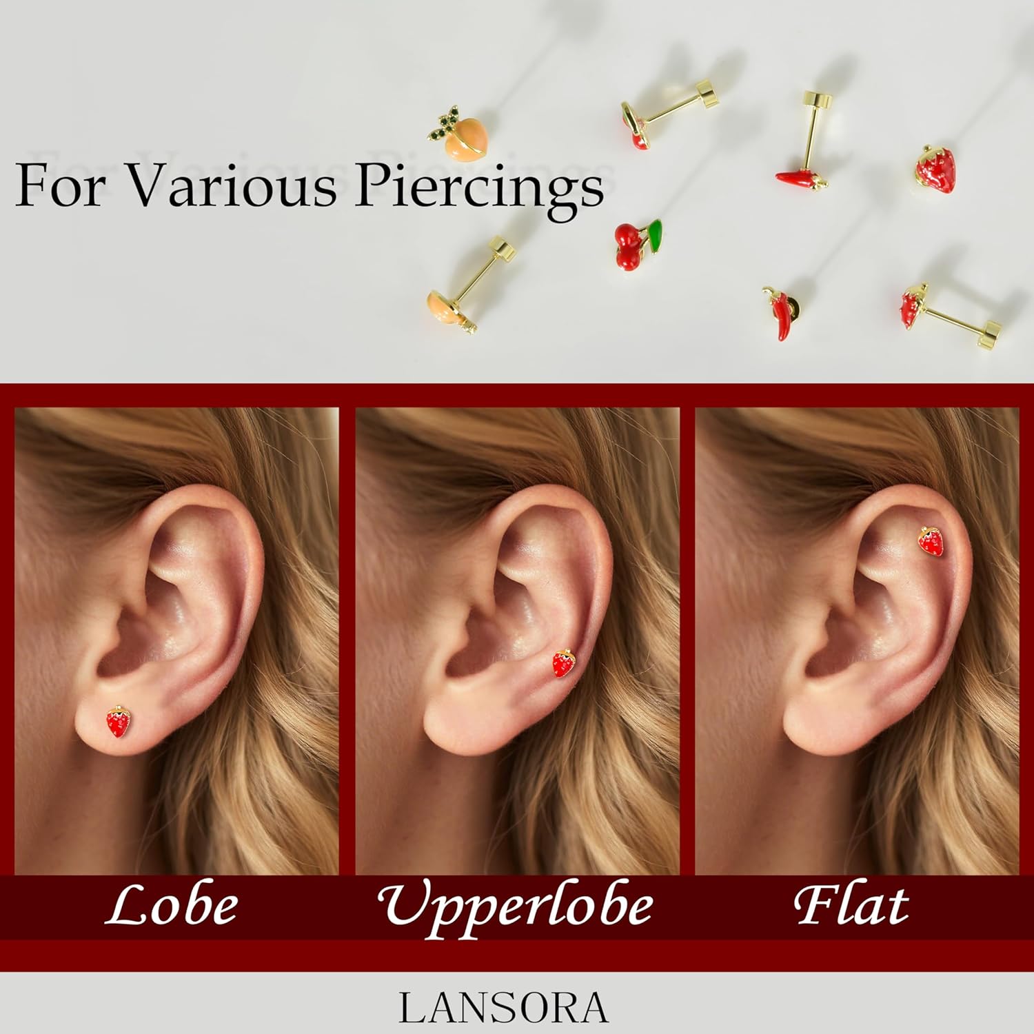 Gold Plated Flat back Stud Earrings for Women Enamel Fruit Flatback Earrings Cherry Chili Pepper Peach Strawberry Small Helix Earrings - Image 3