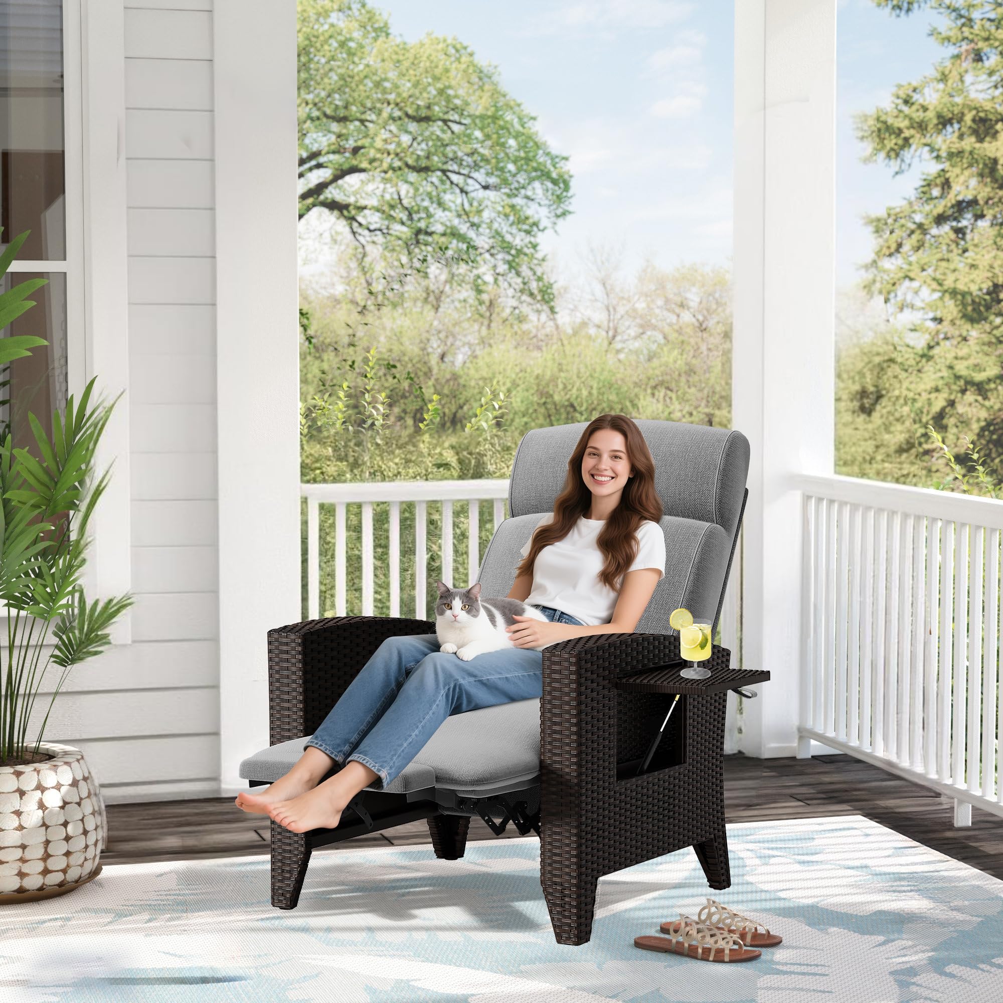 Fiutazge Set 2 Tumbona de Ratán con Respaldo Regulable,Sillon Relax Reclinable,Chaise Longue con Cojín y Funda Sillas Jardin,Tumbonas Jardin Exterior para Terraza Patio,Ratán Negro y Cojín Gris