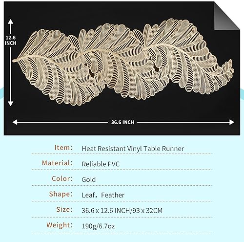 Miniatura 2 de FAVE Camino de mesa dorado de 36 pulgadas resistente al calor, camino de mesa de vinilo en forma de hojas, impermeable, lavable, para bodas,