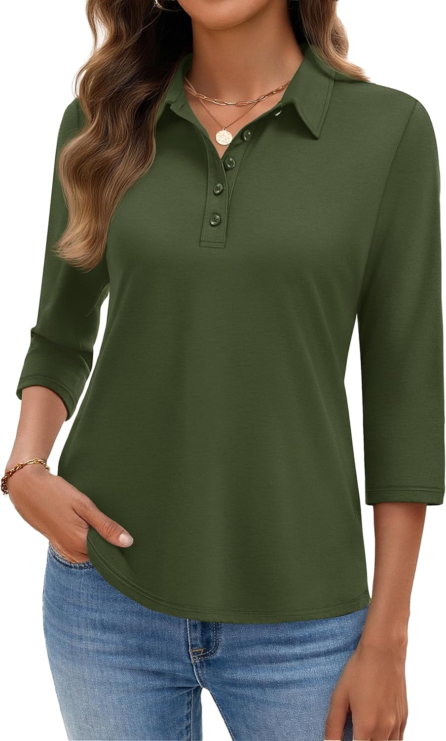 YUCOLEN Polo Shirts for Women 3/4 Sleeve Tops Golf Tees 5-Button Collared Cotton Shirt Business Casual