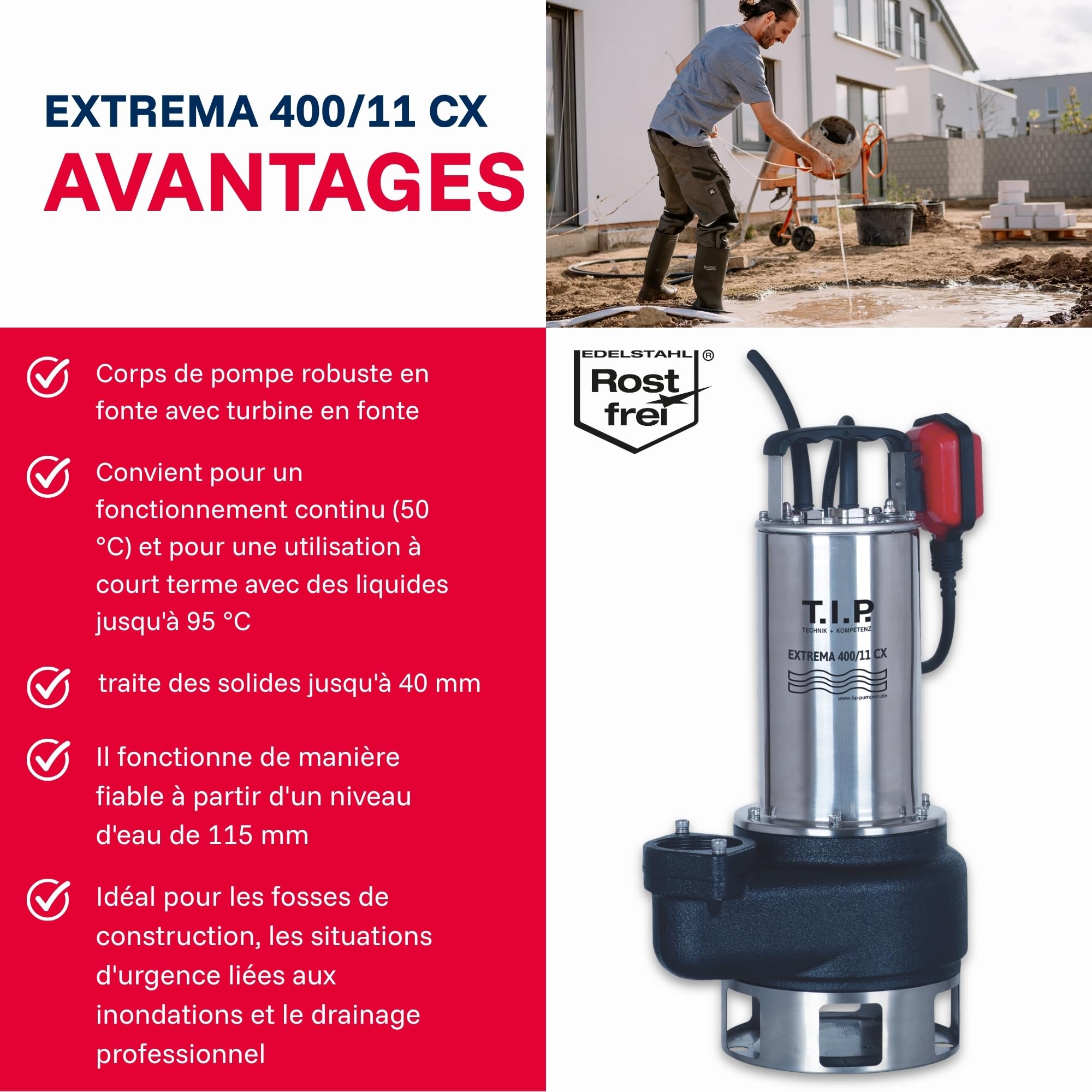T.I.P. Extrema 400/11 Pro Pompe Submersible pour Eaux Usées Débit 24000 l/h Hauteur de Refoulement 11 m Puissance 1500 W en Inox et Roue en Fonte Pour Fonctionnement Continu Couleur Noir Argent