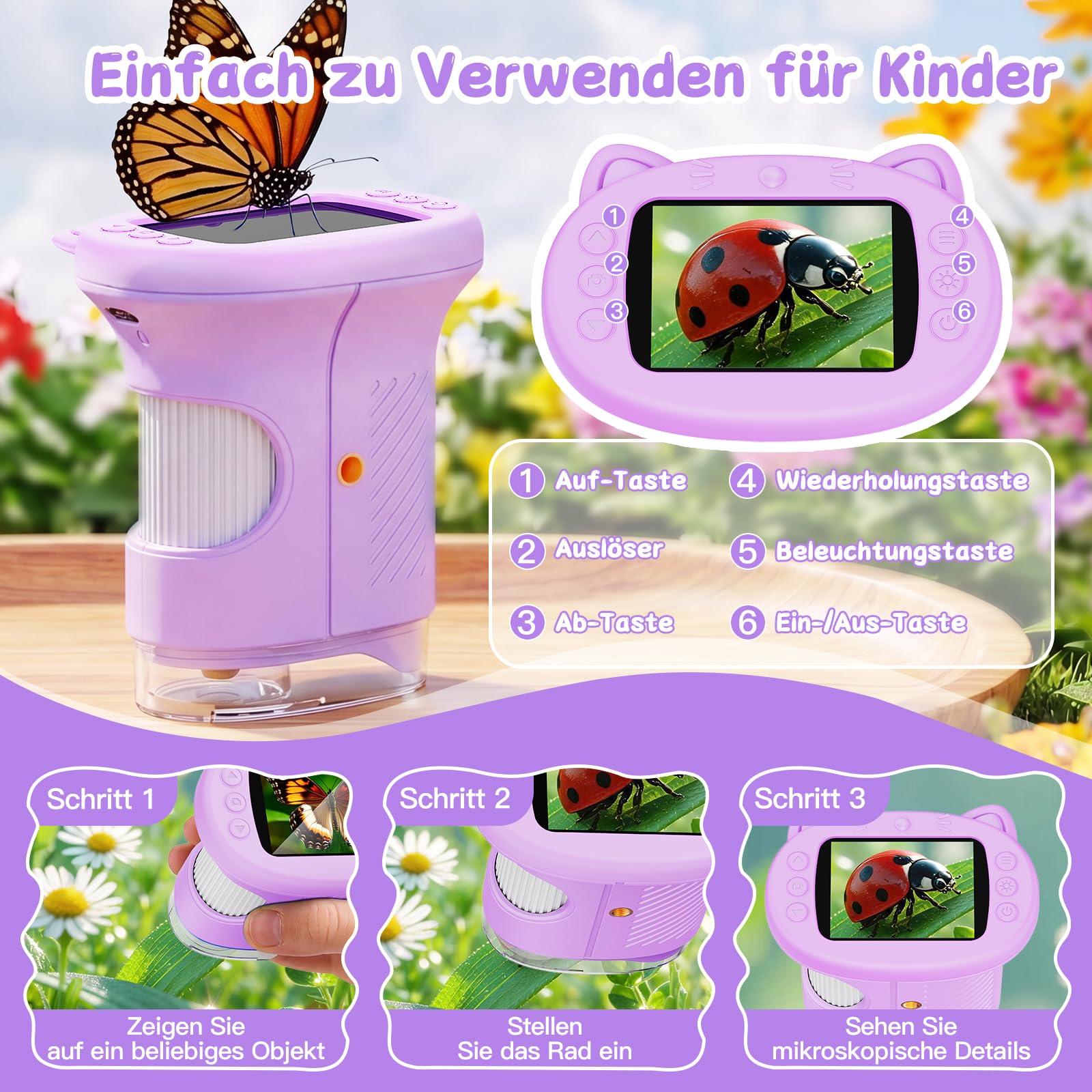 Tragbares Mikroskop für Kinder, 1000x Digitales Handmikroskop Kinder mit 2,4 Zoll IPS Bildschirm, Fotofunktion und PC-kompatibel, Kindermikroskop für Garten, Wald und Outdoor (Lila)