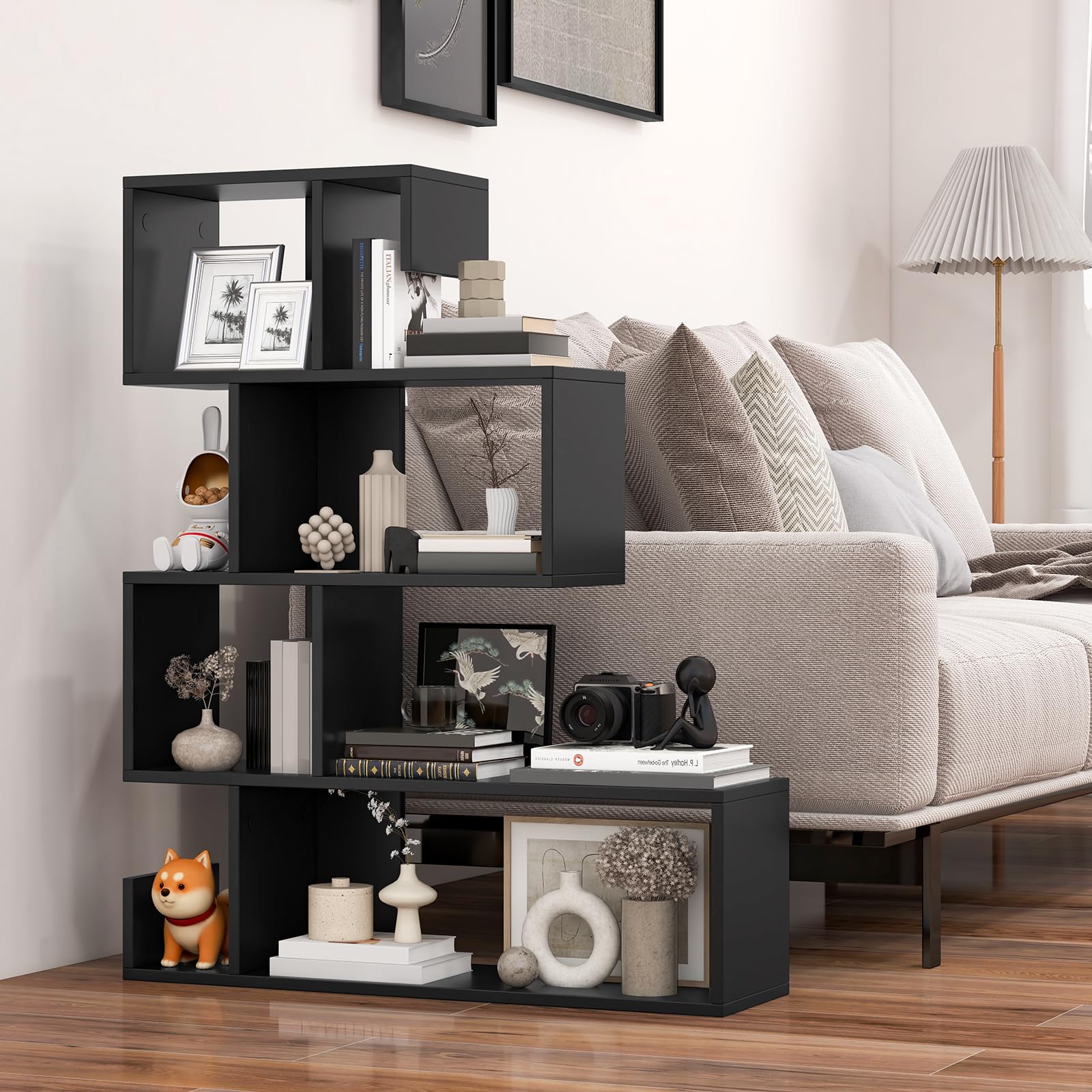 COSTWAY Libreria a Forma di S a 4 Ripiani, Scaffale Aperto Portaoggetti in Legno, Scaffale Verticale Separatore Multifunzionale, per Camera da Letto, Studio, Soggiorno, 80 x 22 x 100 cm (Nero)