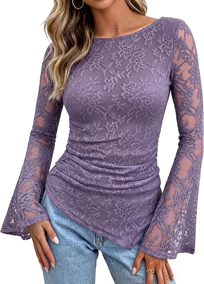 GRACE KARIN Womens Lace Top Sheer Bell Long Sleeve Ruched Asymmetri...