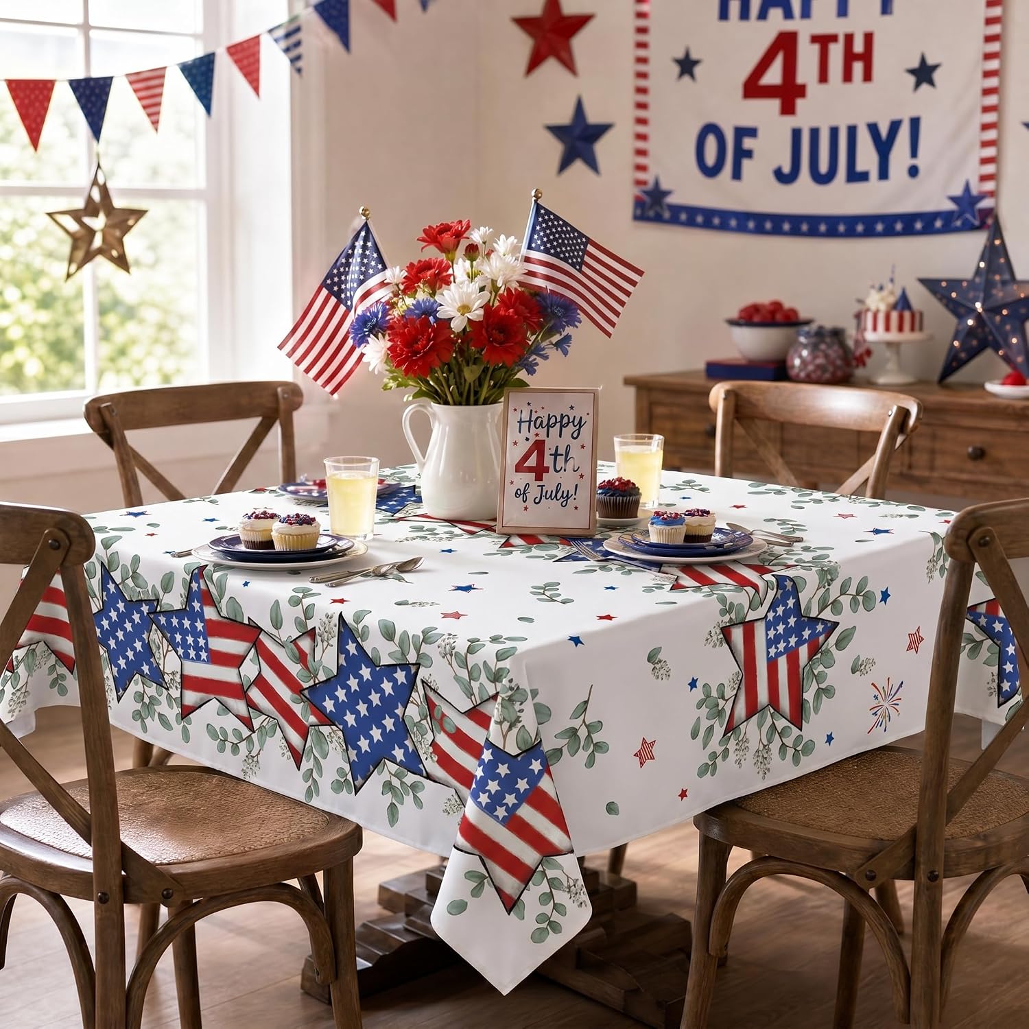 Horaldaily 4th of July Tablecloth 70×70 Inch Round Inch Round, Wood Color Patriotic Eucalyptus Star Independence Day Memorial Day Table Cover for Party Dinner Patio Garden Picnic
