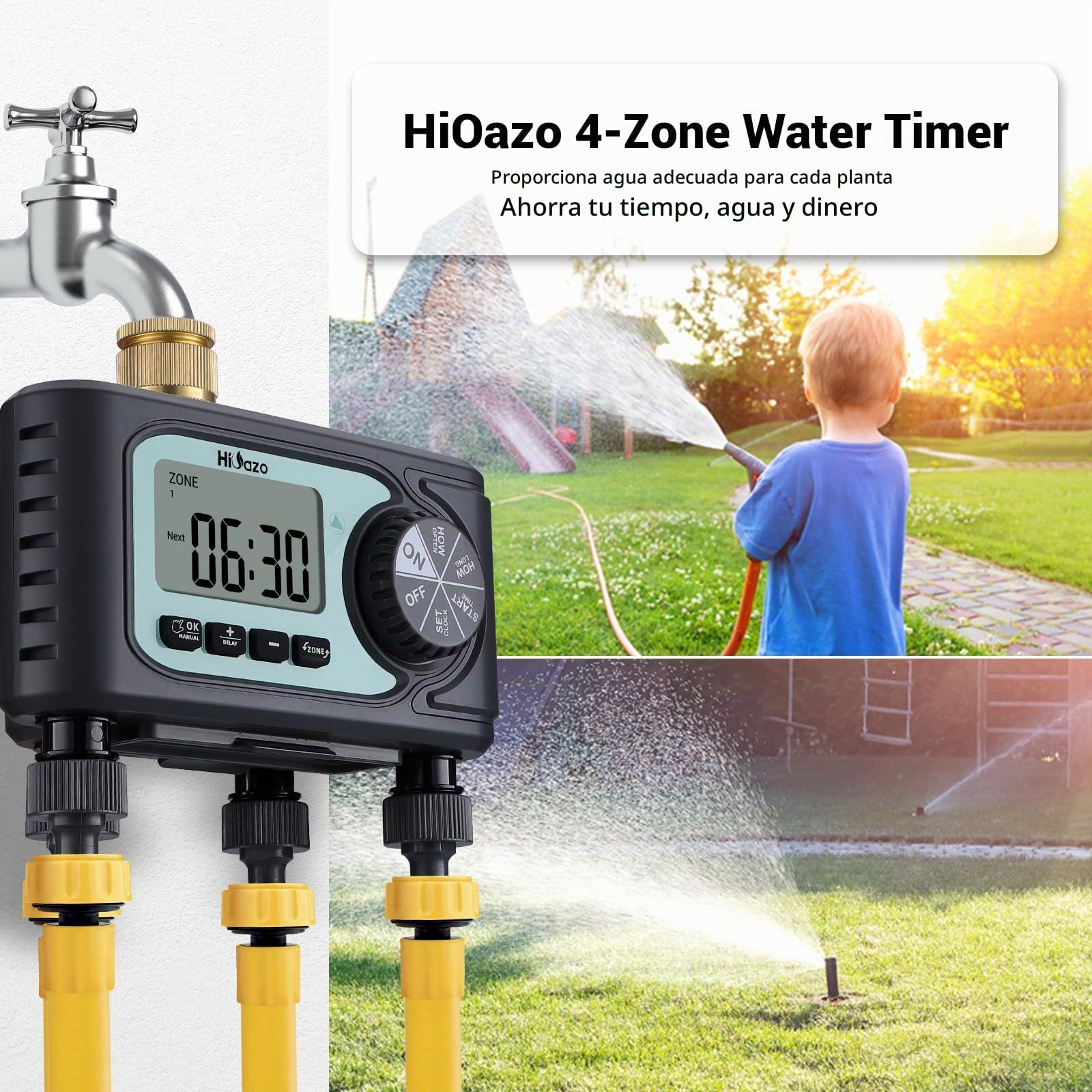 Temporizador de Riego 4 Salidas, Programador riego automatico 4 Programas Independientes, Función Retardo Lluvia, IP54 Resistente al Agua para Jardín, Césped, Invernadero