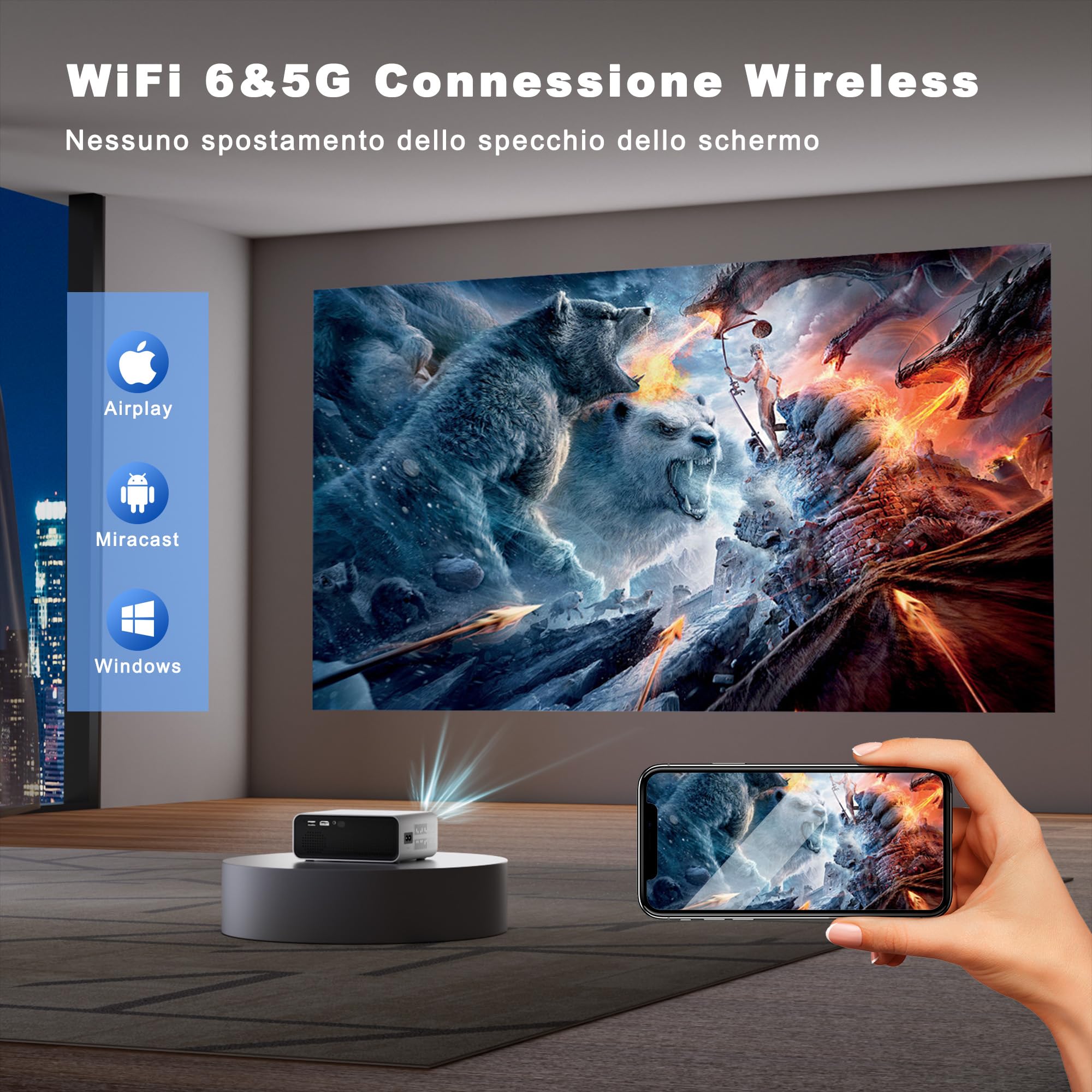 Mini Proiettore 4K Supporta, VISULAPEX Proiettore Android 11 WiFi 6 BT 5.2 12000 Lumens, Mini Proiettore Portatile Home Cinema per Smartphone/iOS/Android/TV Stick/HDMI/USB