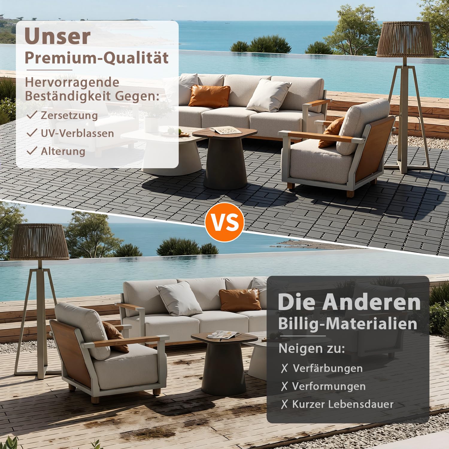 Piastrelle per terrazze in polipropilene, 30 x 30 cm, 66 pezzi, 6 m² | Piastrelle impermeabili a scatto con drenaggio per balcone, terrazza, giardino, piscina e sauna, antiscivolo e facile da