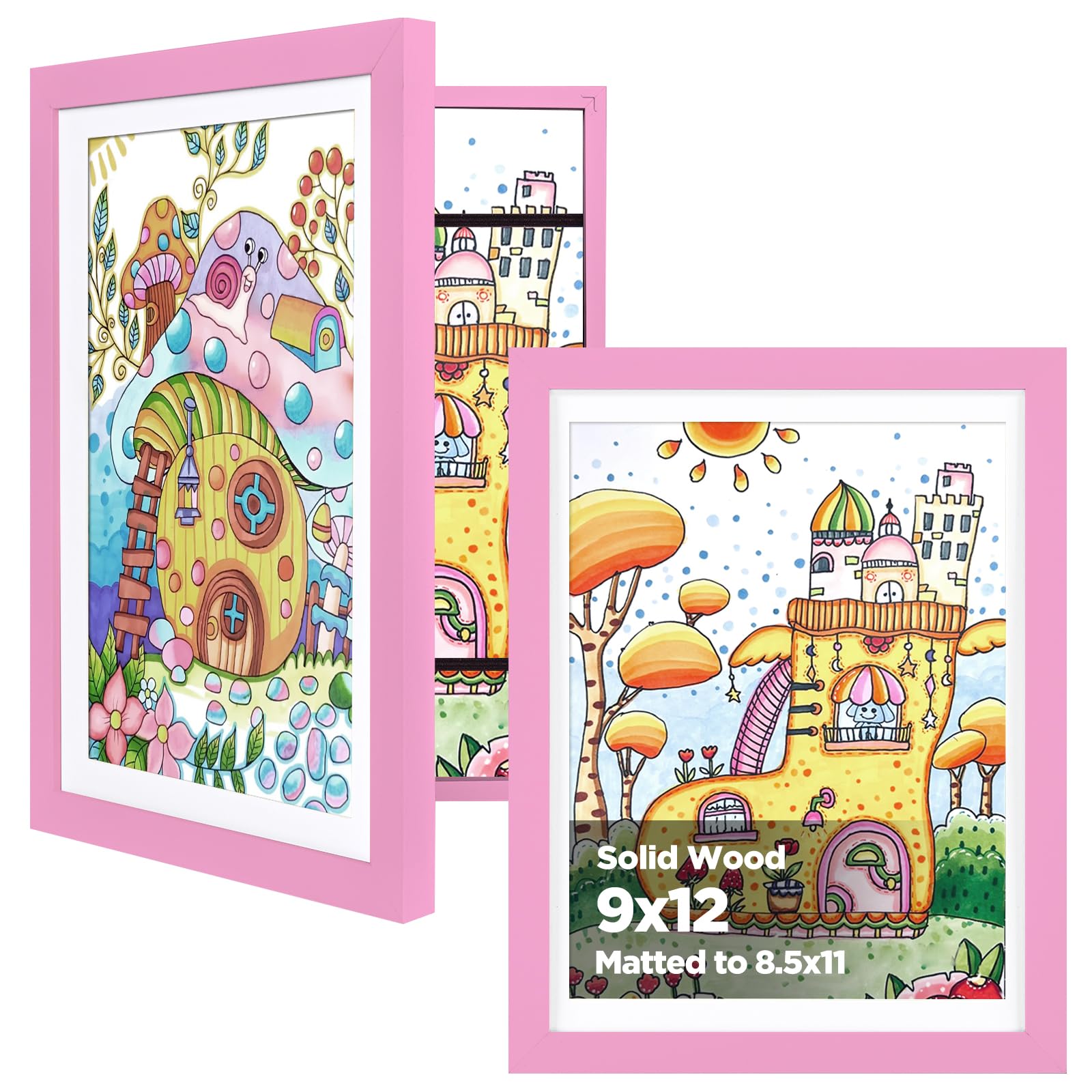 KINLINK 9x12 Kids Art Frame 2 Pack, Solid Wood Artwork Frames Changeable, Front Opening Hold 150 Pictures, Art Frames for Kids Artwork, 8.5x11 with Mat 9x12 without Mat, Picture Frames Light Pink