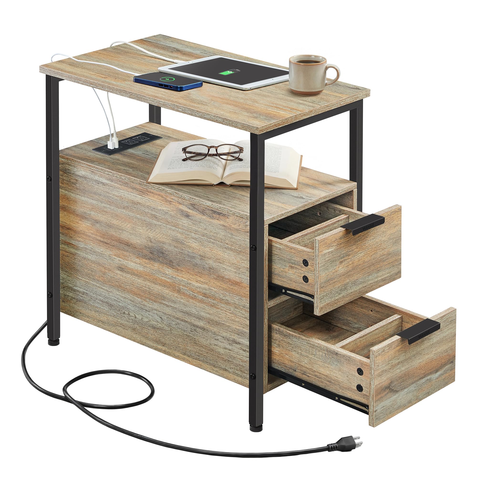 VASAGLE Side End Table with Charging Station, Slim Nightstand with Storage | Narrow Bedside Table With Drawers, for Living Room, Bedroom, 23.6 x 11.8 x 24 Inches, Turquoise Brown and Ink Black