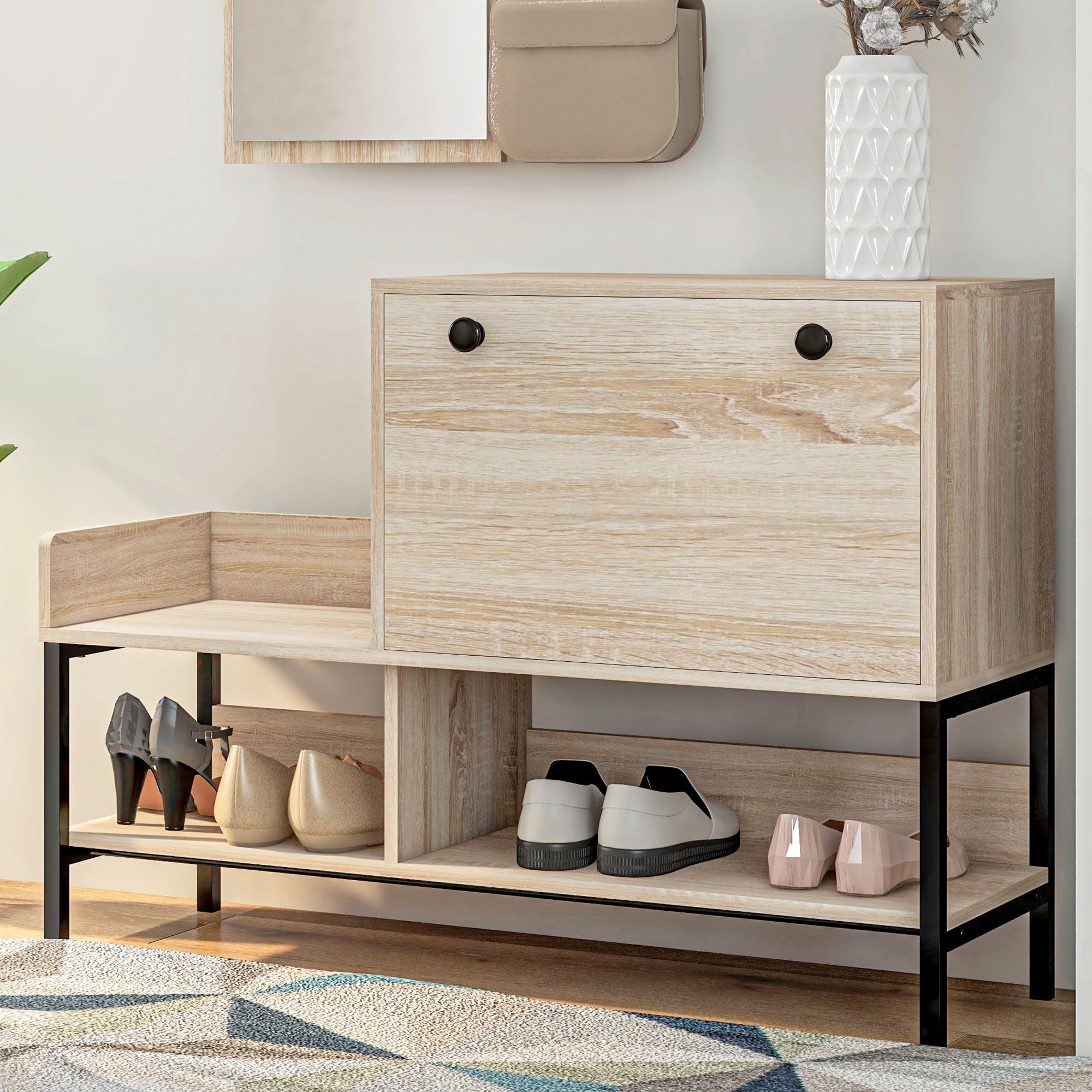 HOMCOM Ensemble 3 en 1 Meuble d'entrée vestiaire Design Contemporain Meuble Chaussures, Miroir et Panneau Porte-Manteau Acier Noir
