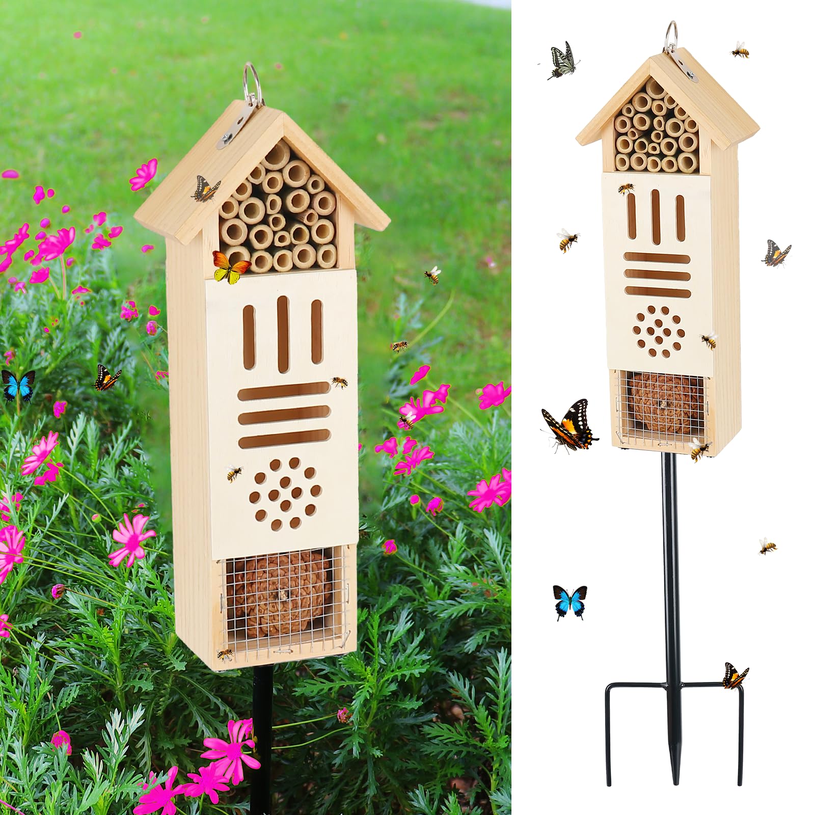 Drewniany domek dla owadów, domek dla pszczół z metalowym palikiem do ogrodu, naturalne siedlisko Ladbugs i hotel z motylem na ziemi lub wiszący na ścianie drzewa (sosna, 9 x 6 x 30 cm, słupek o