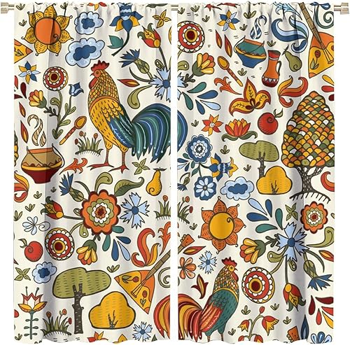 Cortinas de ventana de pollo, ventanas de cocina, sala de estar, dormitorio, cafetería, gallo de granja, pollo, girasol, estilo pastoral, flores y