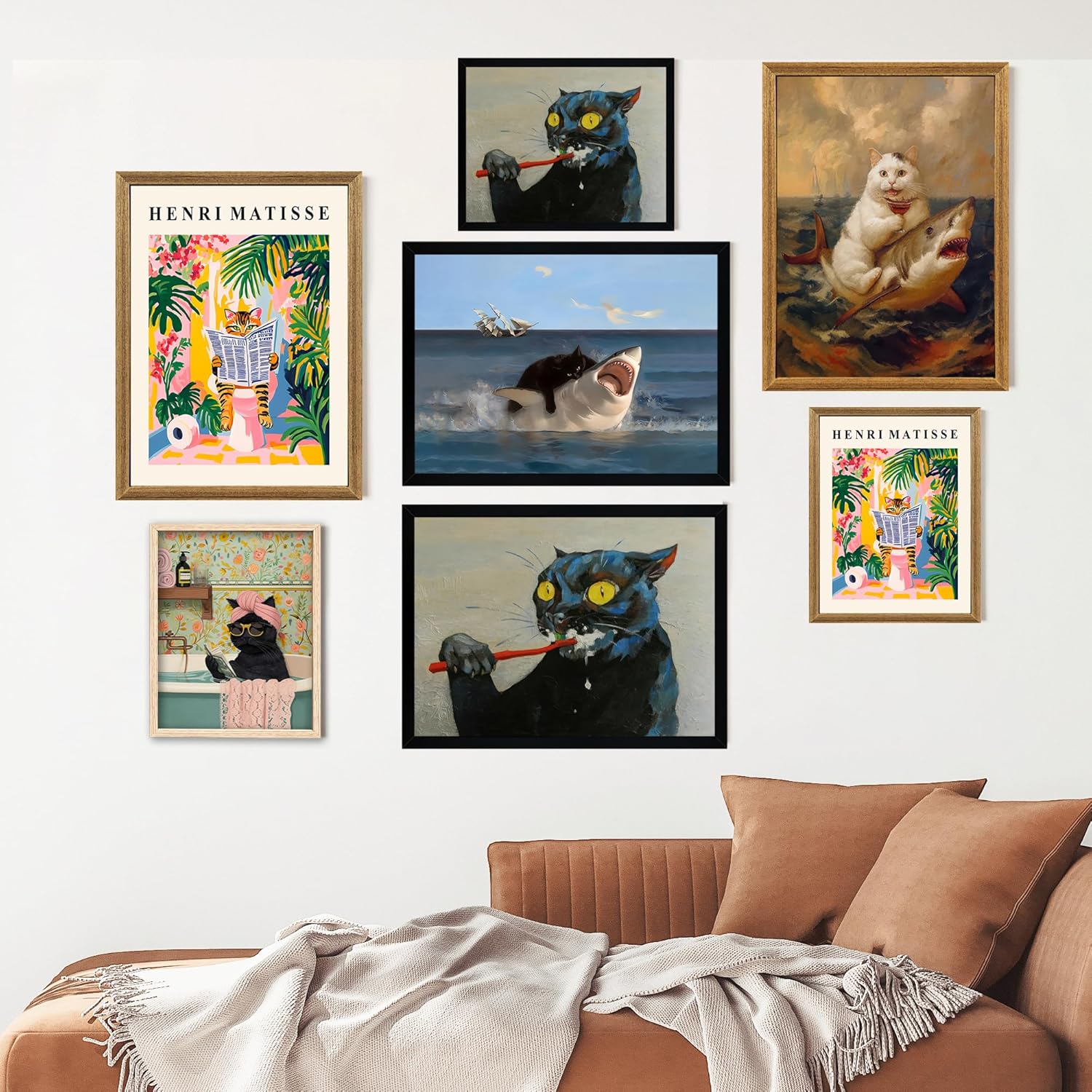 ICHZUMW Funny Black Cat Biting Shark Canvas Wall Art Framed, Quirky Cat Riding Portrait Picture Print, Humorous Unique Whimsical Animal Painting Wall Decor, Bathroom Living Room Bedroom, 12x16in