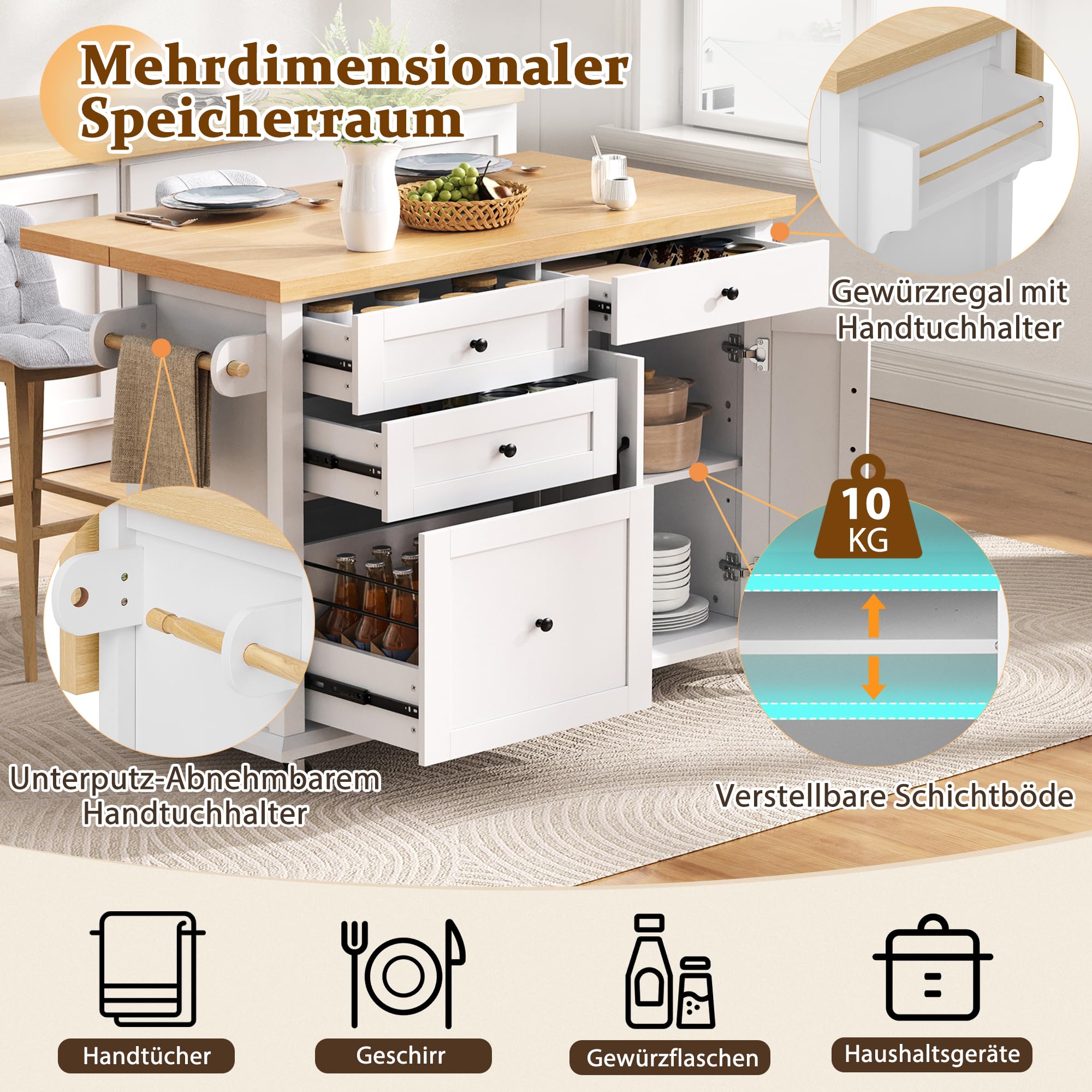 Isola da cucina mobile, carrello da cucina, tavolo da pranzo estensibile, armadio da cucina con ruote, cassetti multifunzione, per cucina, sala da pranzo, 107 x 45 x 90,5 cm (bianco)