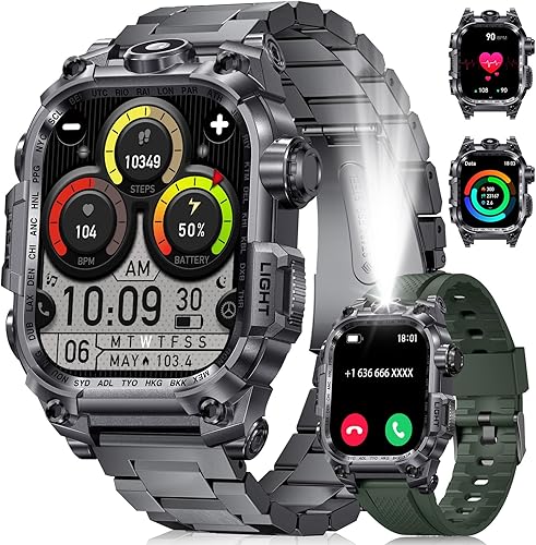 Relojes inteligentes militares para hombres (respuestahacer llamadas), reloj inteligente deportivo con pantalla HD de 2.01 pulgadas con linterna LED