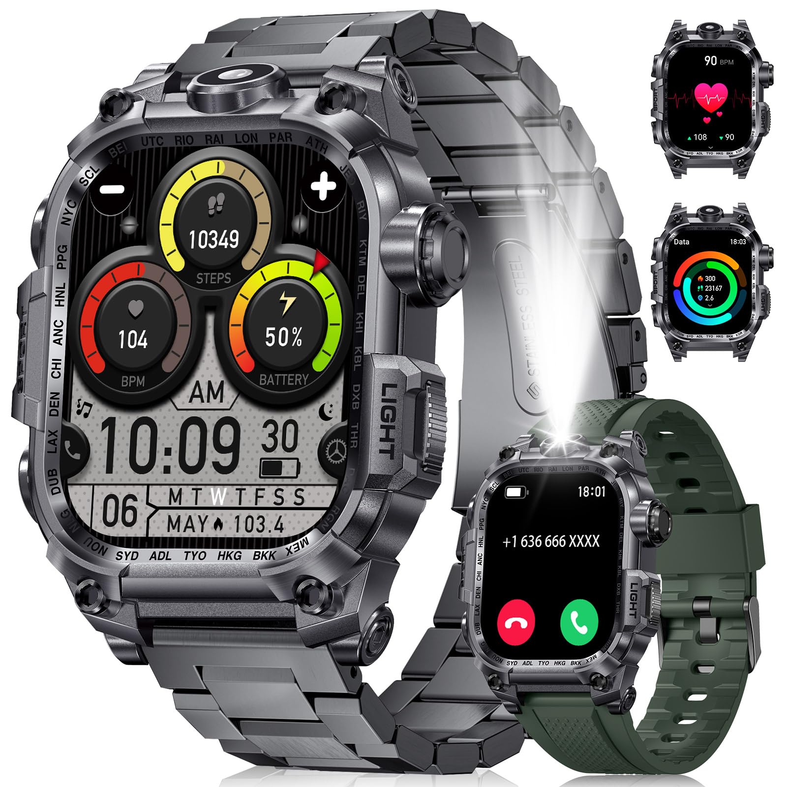 Military Smart Watches for Men Answer Make Calls 2 01HD Screen Sports Smartwatch with LED Flashlight 700mAh Battery