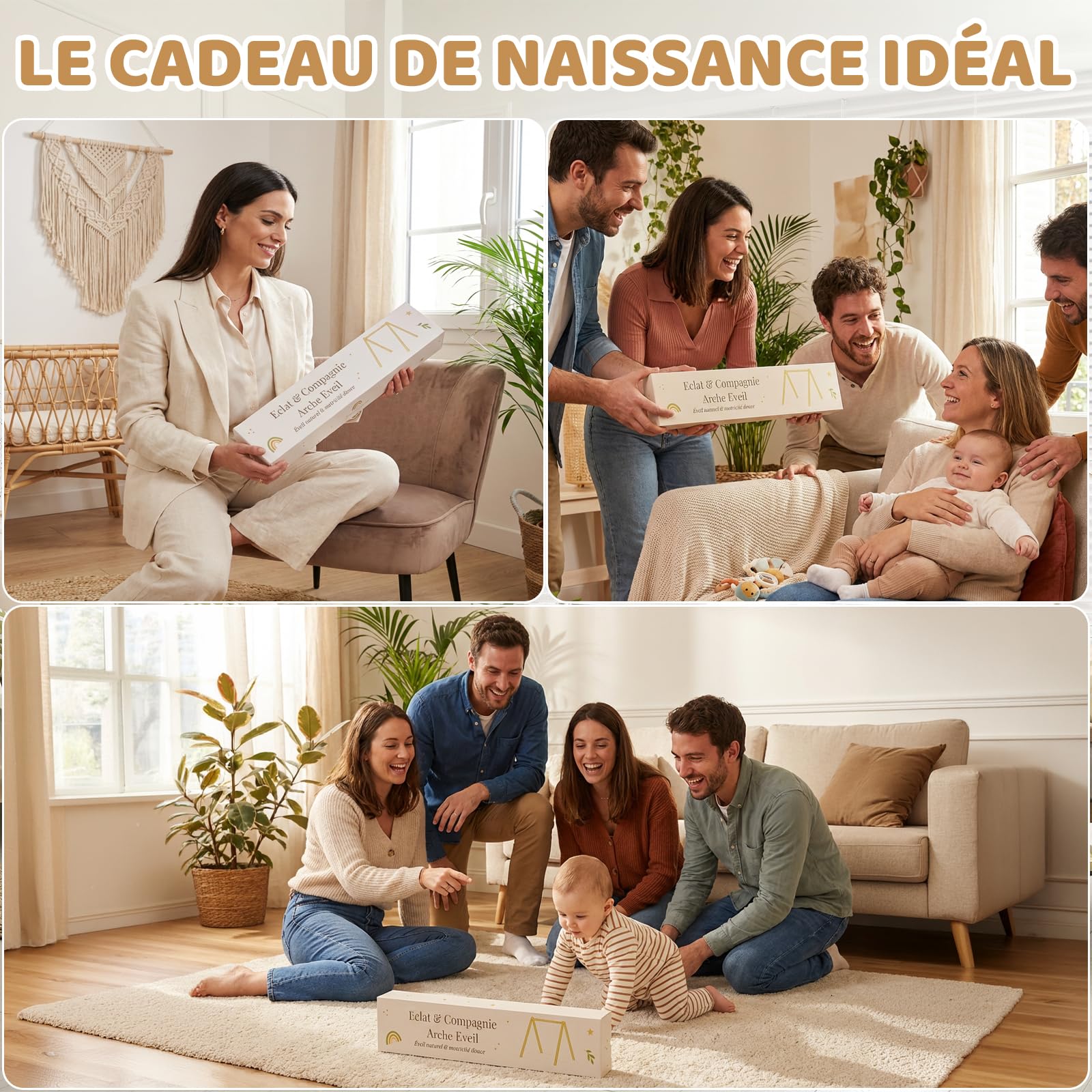 Eclat & Compagnie - Arche Éveil Bébé en Bois - Portique Montessori avec Logo Gravé - Structure Stable avec Vernis Naturel - Arche Bebe Cadeau Naissance et Anniversaire