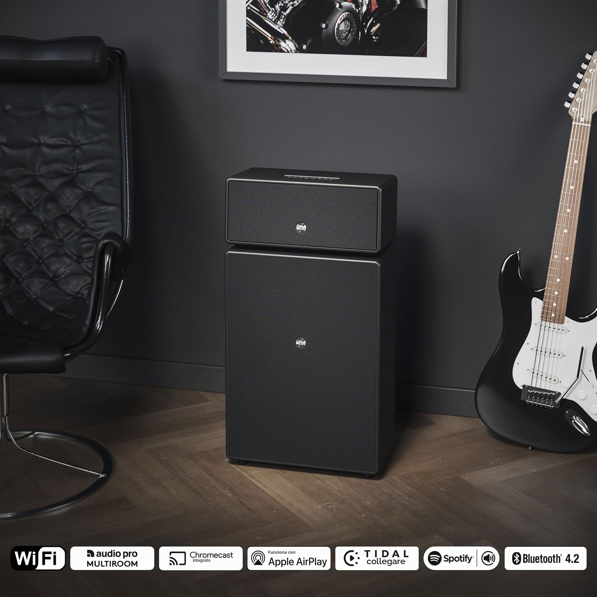 Audio Pro Potente Cassa Wireless Bluetooth e Wifi Multiroom - Grande Speaker Portatile con AirPlay2, Google Cast, Spotify Connect e HiFi - 6 Pulsanti Predefiniti - Volume Alto Drumfire II - Nero