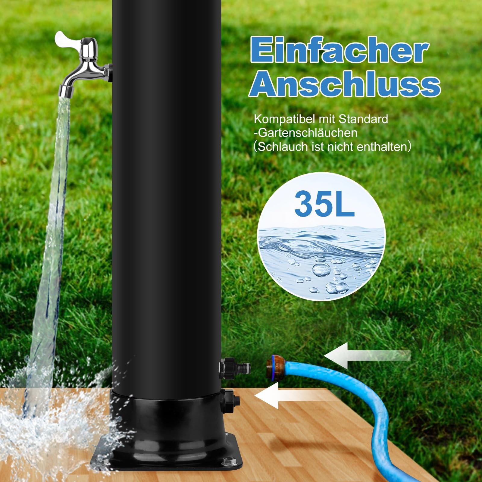 Solar Gartendusche 35Liter - Solardusche mit 360° Drehbarem Duschkopf und Fußhahn, Einstellbare Temperatur Aussendusche Solar dusche für Garten Pool Camping Hinterhof, Kein Stromanschluss Erforderlich