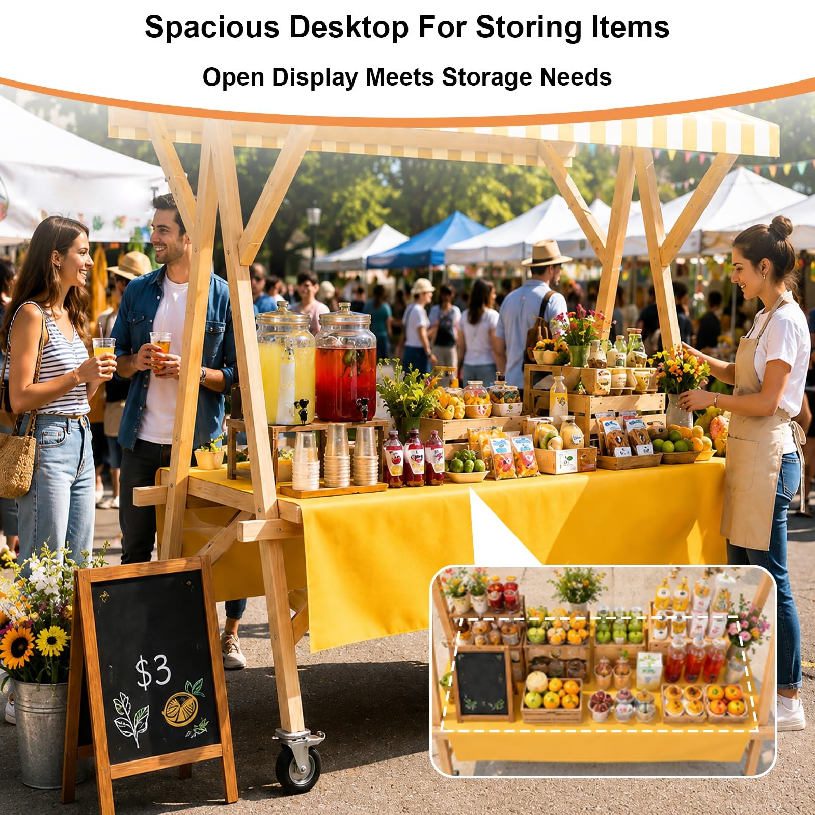 Carrito De Comida Plegable con Toldo, Carrito De Venta para Exteriores con Ruedas, Expositor Portátil, Puesto Comercial para Mercados, Ferias Y Venta Ambulante(Yellow,120cm/47.2in)