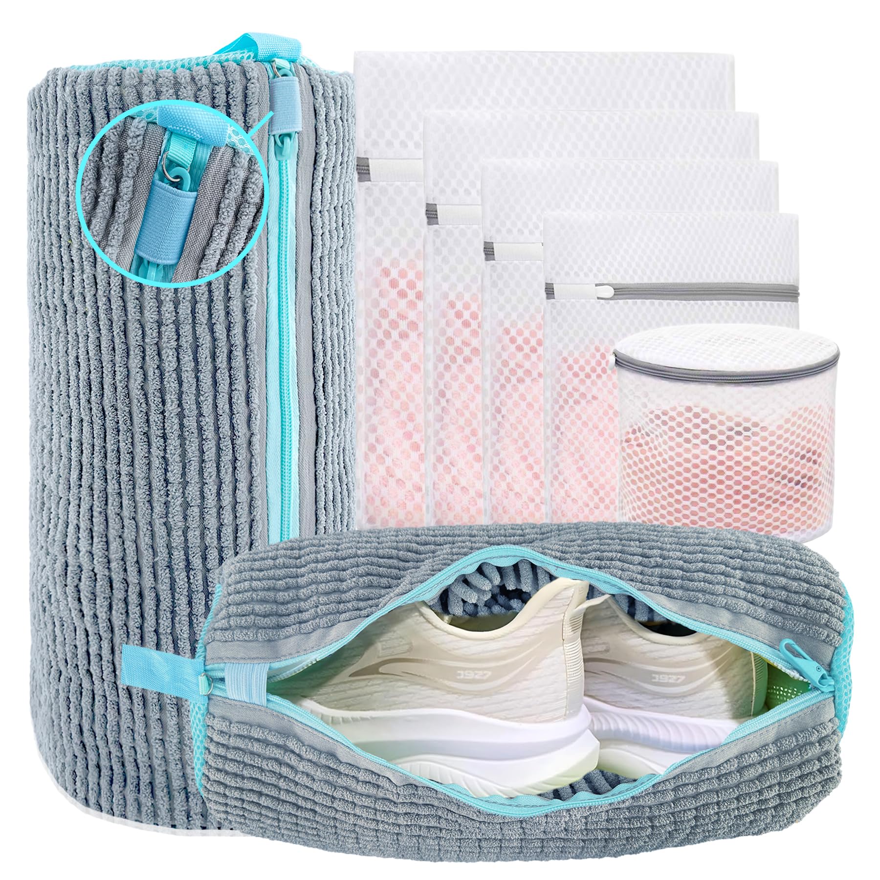 Lot de 7 sacs à linge XXL pour chaussures de tennis - Avec fermeture éclair - Réutilisables - Avec sac de lavage en maille et pour soutien-gorge, gris