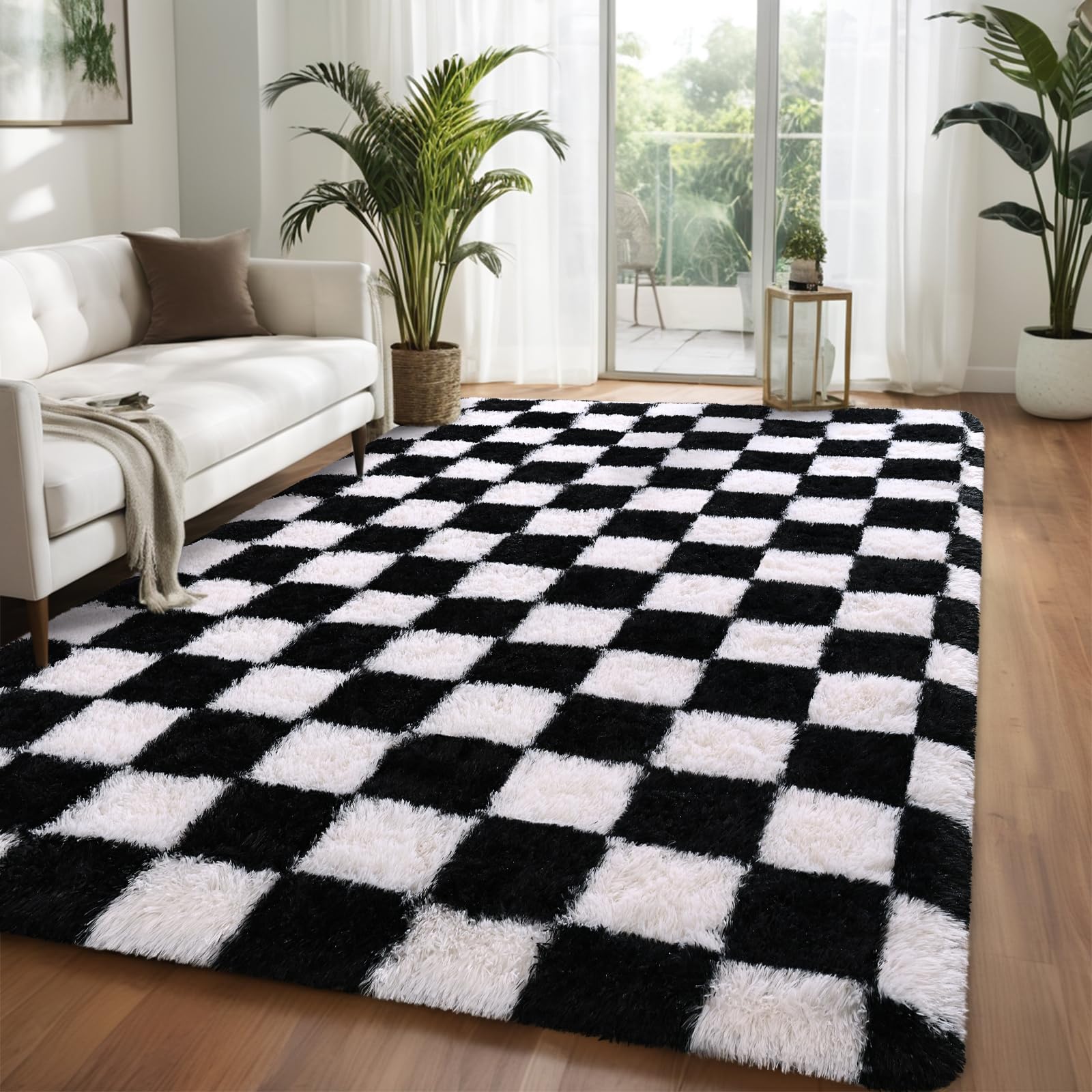 Nuttumico Large Black White Checkered Rug for Living Room, 6x9 Feet Big Fuzzy Shag Shaggy Carpet for Bedroom Kids Nursery Dorm, Ultra-Soft, Non-Slip